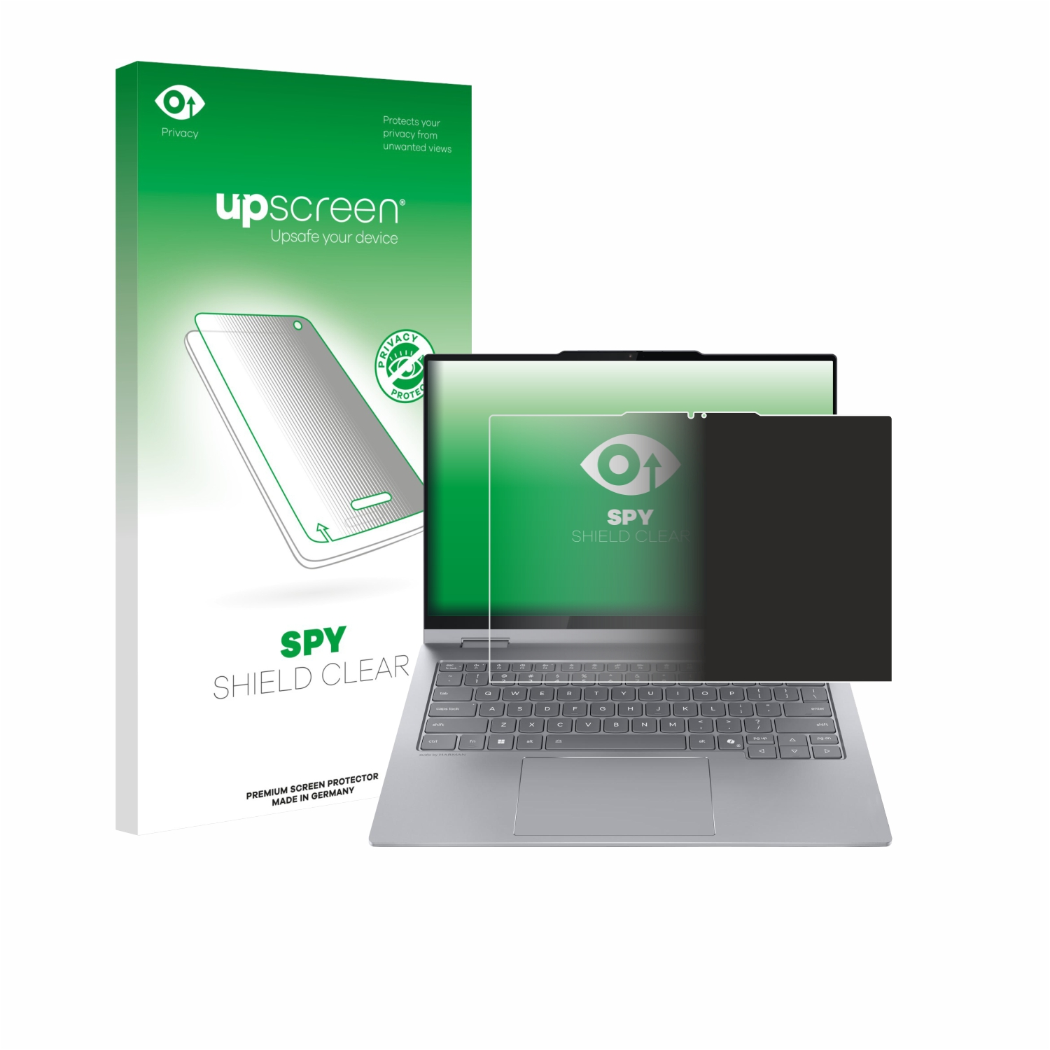 Laptop mit Blickschutzfolien-Kit, weißer Hintergrund.