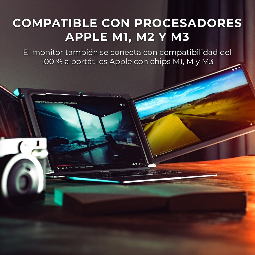 Trzy monitory wyświetlające treść, tekst w języku hiszpańskim o Apple M1, M2 i M3.