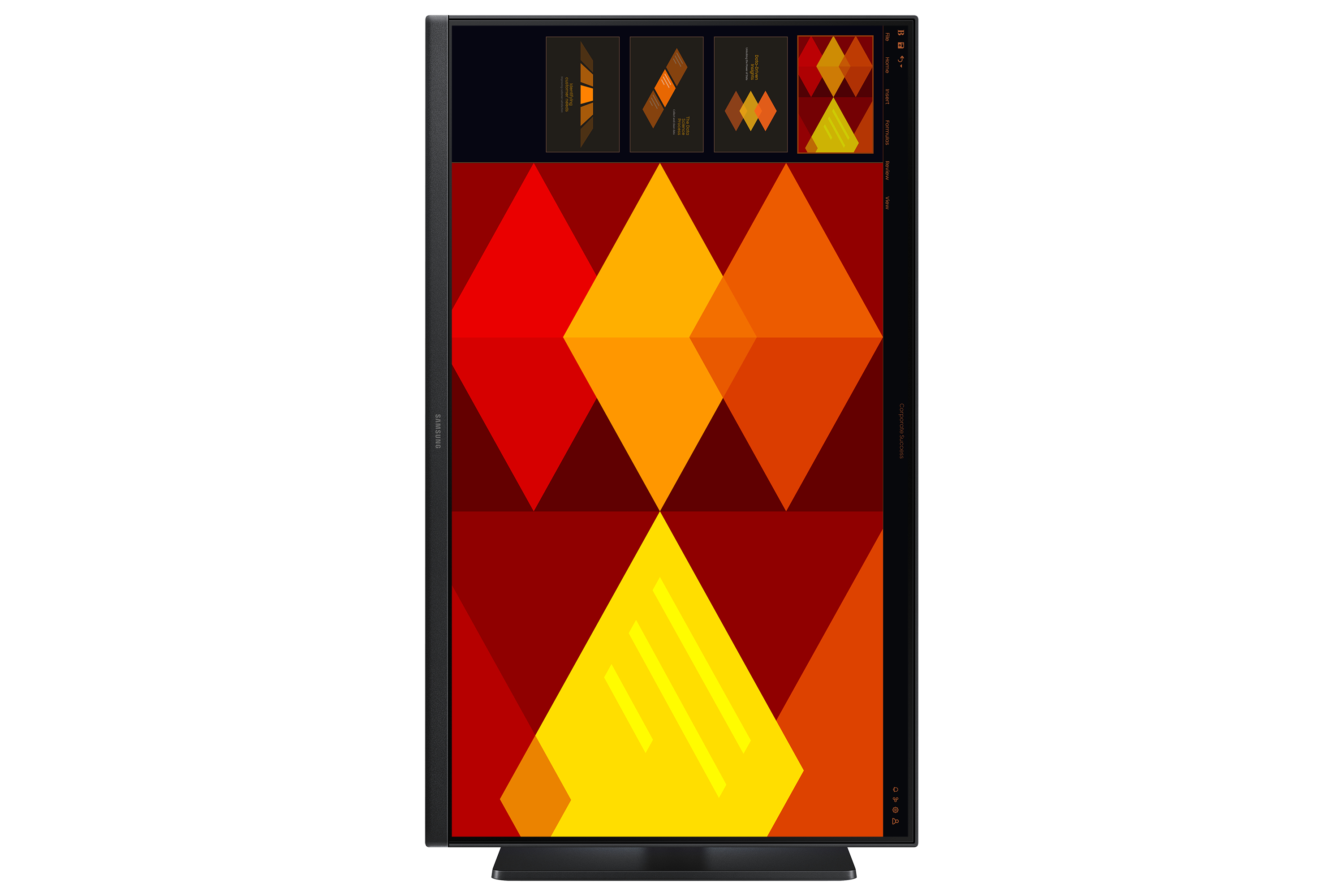 Nowoczesny monitor z geometrycznym wzorem i czarną ramką.