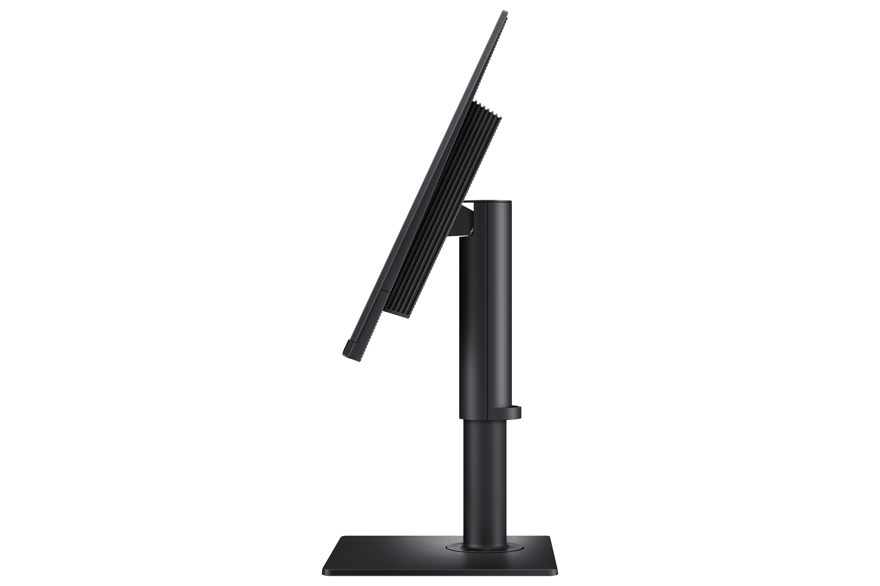 Czarny monitor, widok z profilu, na podstawie. Ekran jest pochylony. Białe tło.