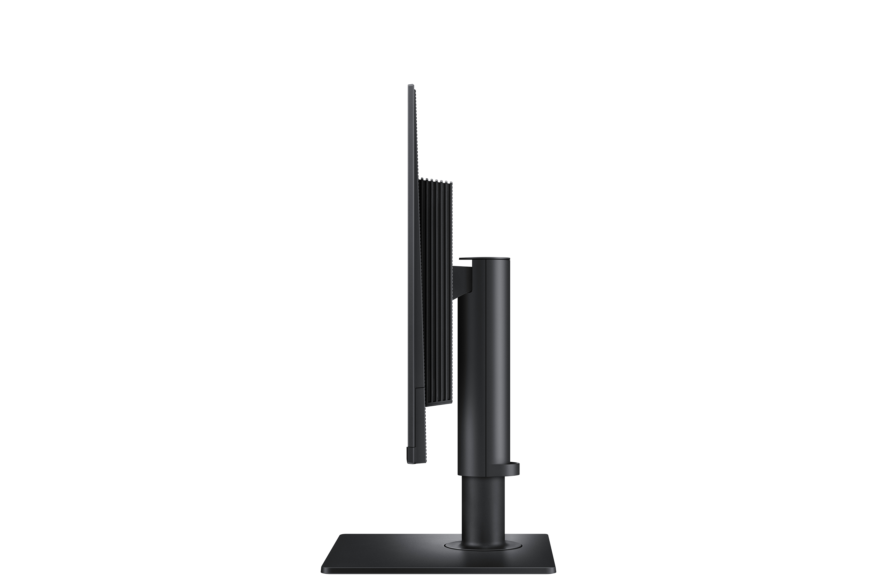 Widok z boku czarnego monitora z czarną podstawą, odizolowany na białym tle.