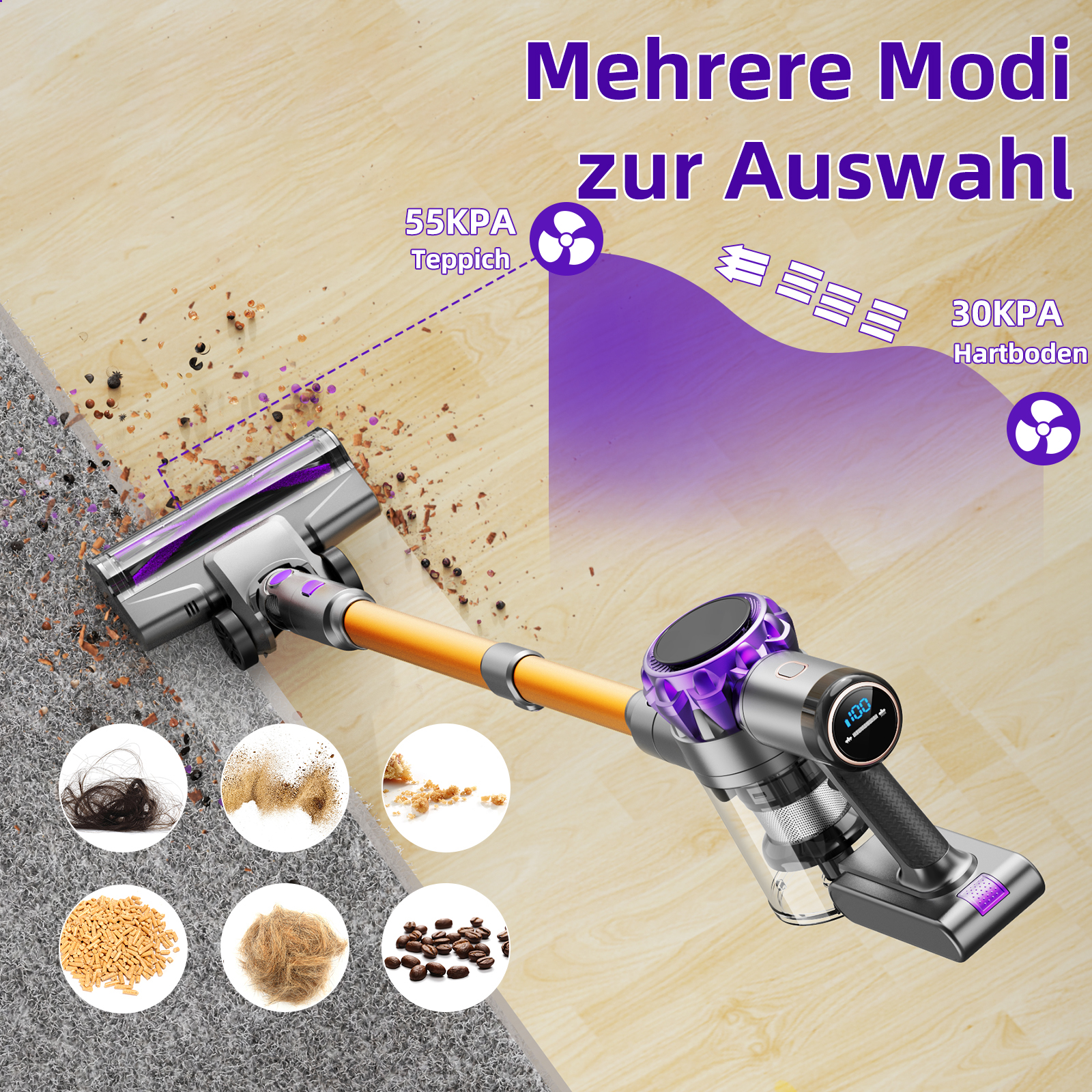 Ein kabelloser Staubsauger mit verschiedenen Modi. Staub und Schmutz auf Teppich und Hartboden sind gezeigt.
