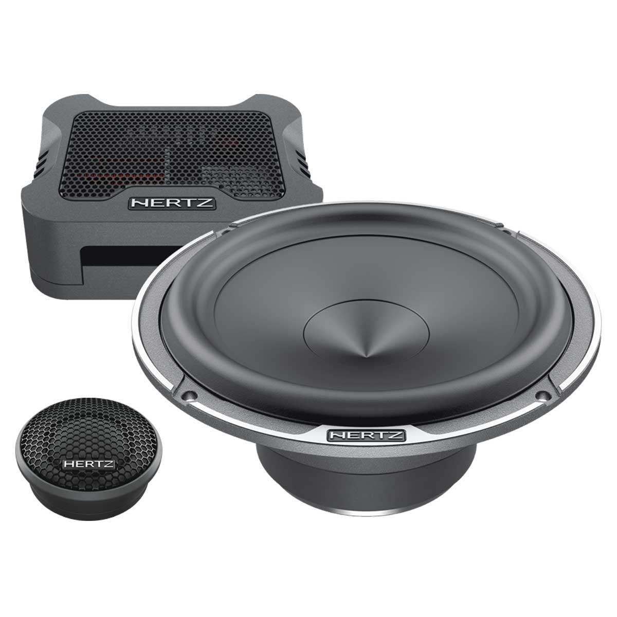 Ein Lautsprecherset mit Subwoofer, großem Lautsprecher und kleinem Hochtöner.