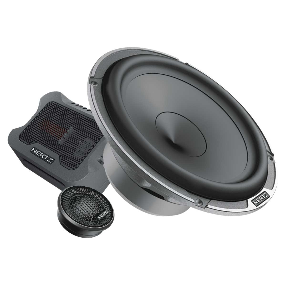 Ein Auto-Audio-Lautsprecherset mit großem Tieftöner, Hochtöner und Frequenzweiche. Der Lautsprecher ist grau.