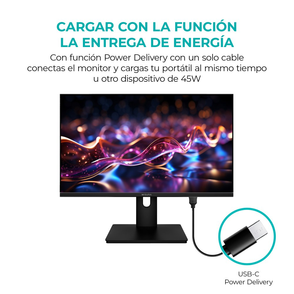 Un monitor con un cavo collegato, con un'icona USB-C Power Delivery.