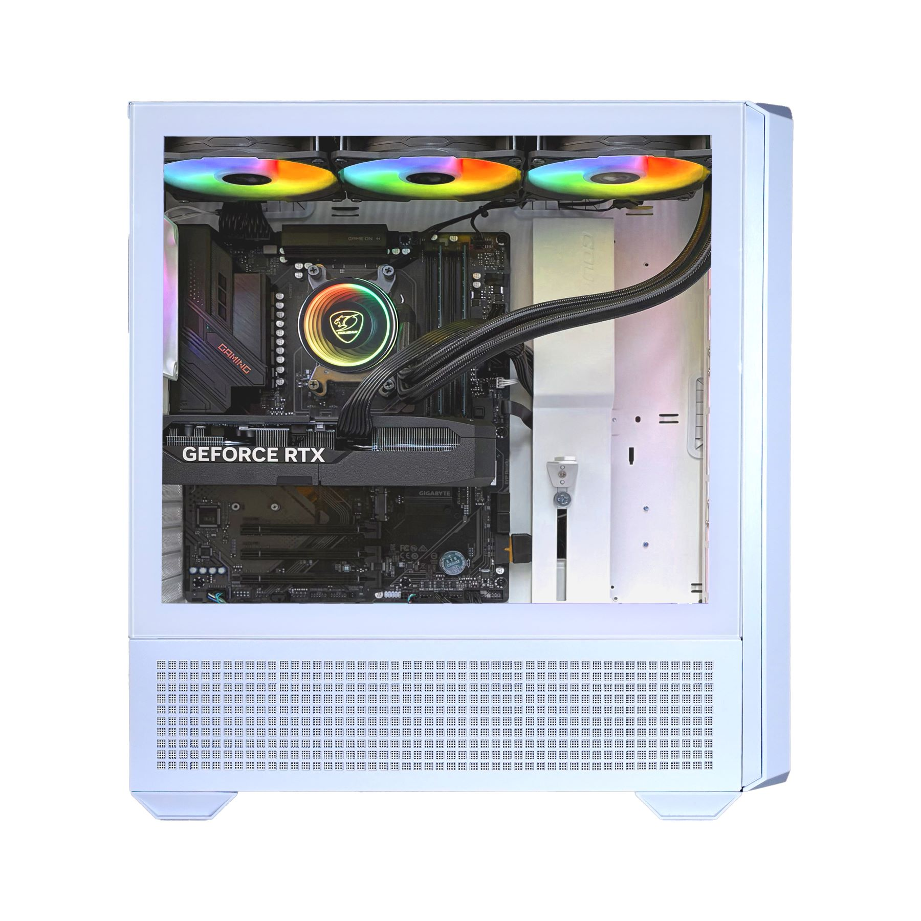 In einem weißen PC-Gehäuse: Komponenten umfassen GPU, CPU und Lüfter.