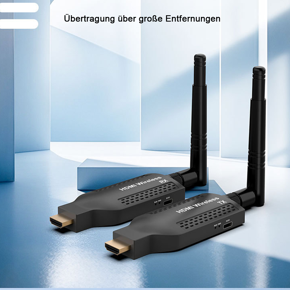 Zwei schwarze HDMI-Funk-Transmitter mit Antennen und Produktbeschriftung.