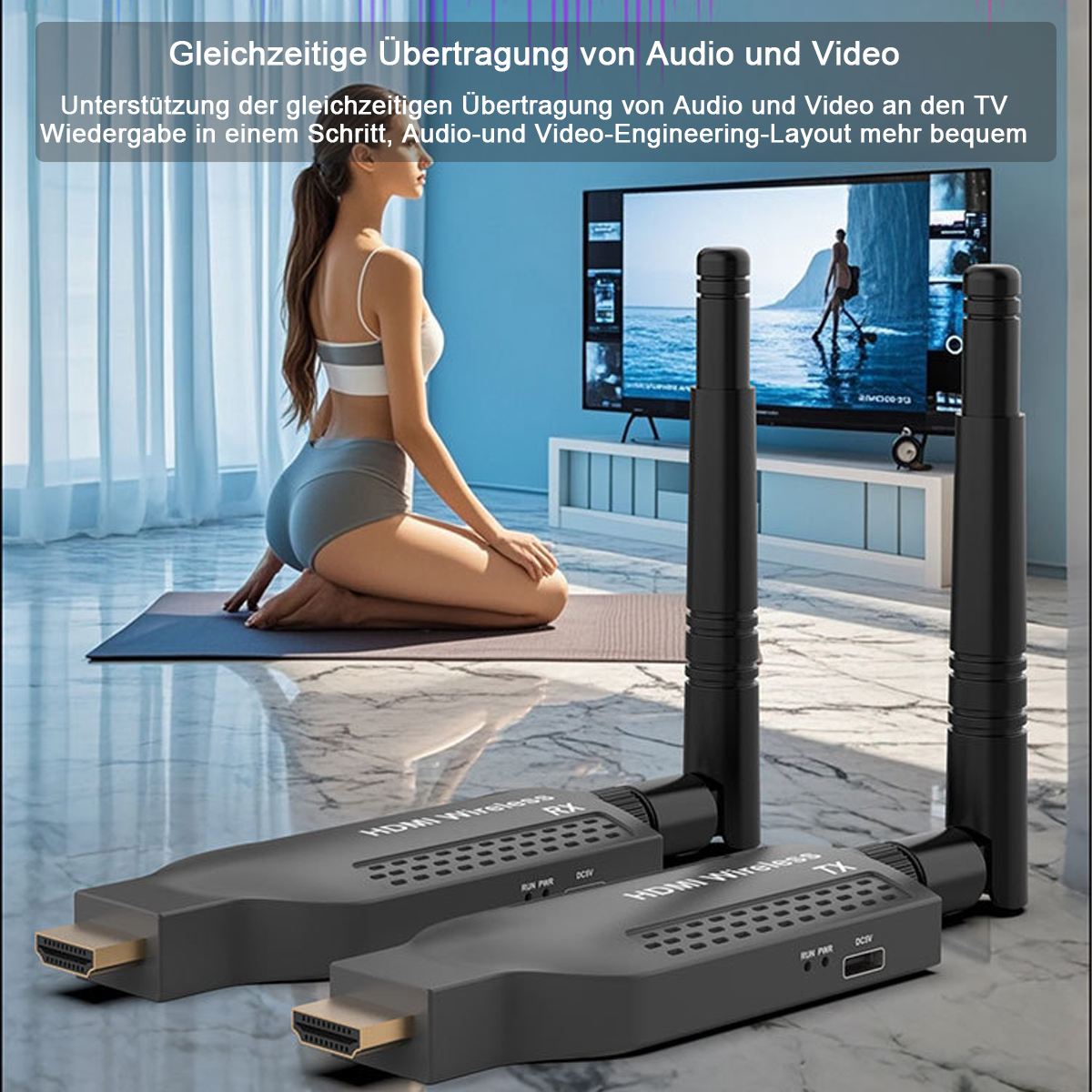 Frau auf einer Matte neben einem Fernseher, zwei schwarze HDMI-Funk-Transmitter.