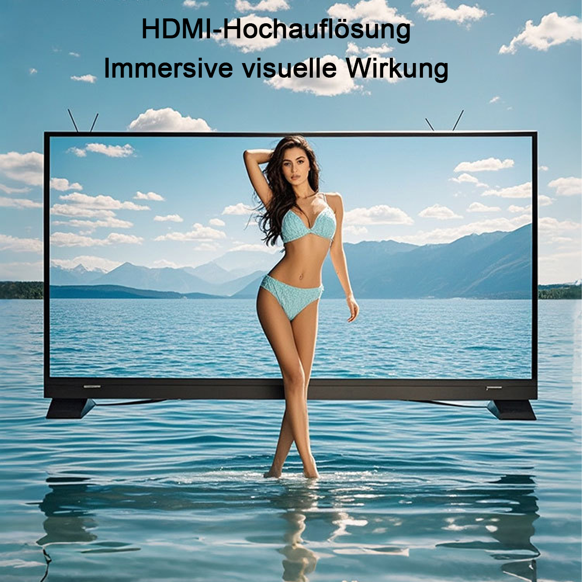 Eine Frau in blauem Bikini steht im Wasser mit einem TV, der eine Strandszene zeigt. Text: HDMI-Hochauflösung.