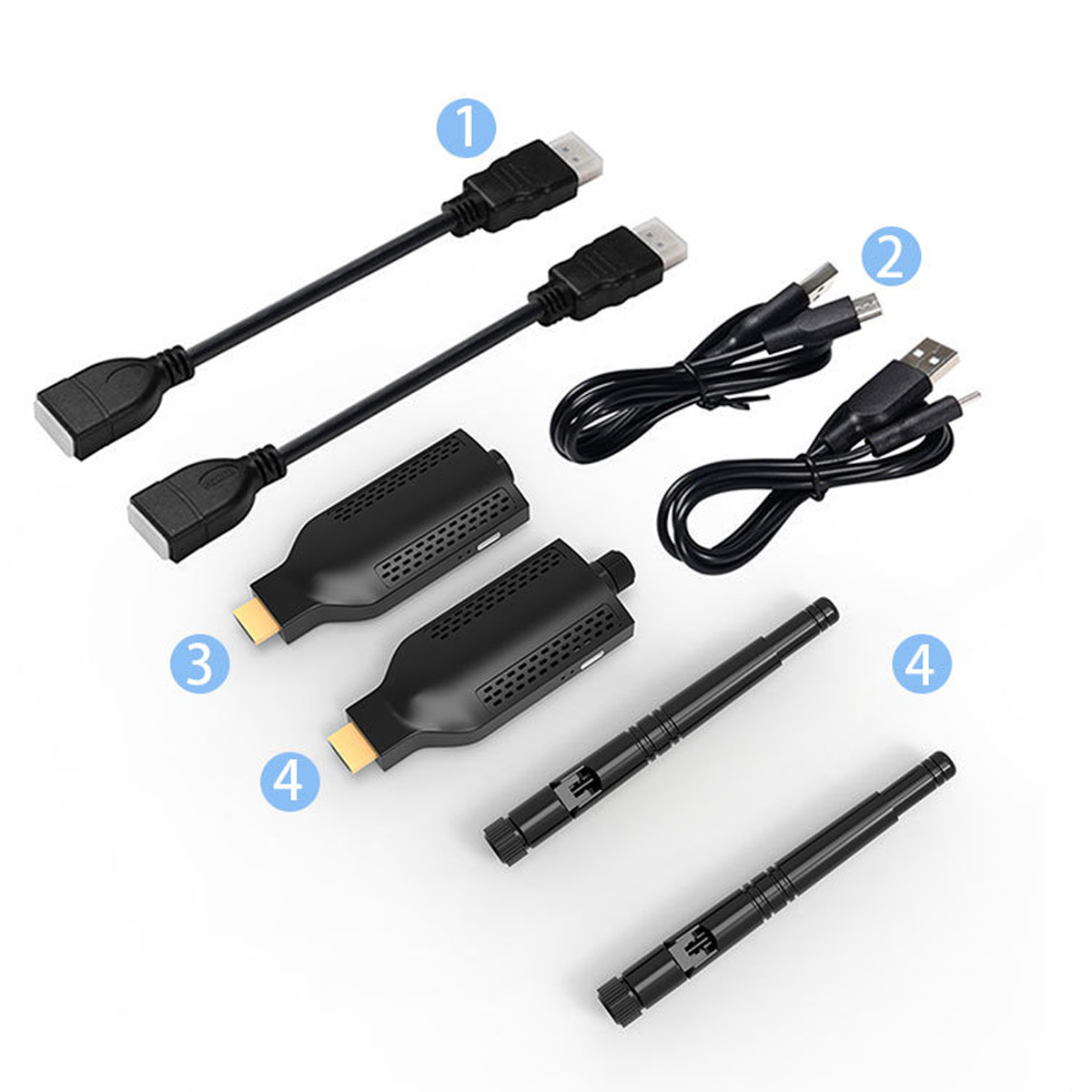 Eine Sammlung schwarzer Kabel und Adapter, einschließlich HDMI- und USB-Anschlüssen, auf einer weißen Oberfläche.