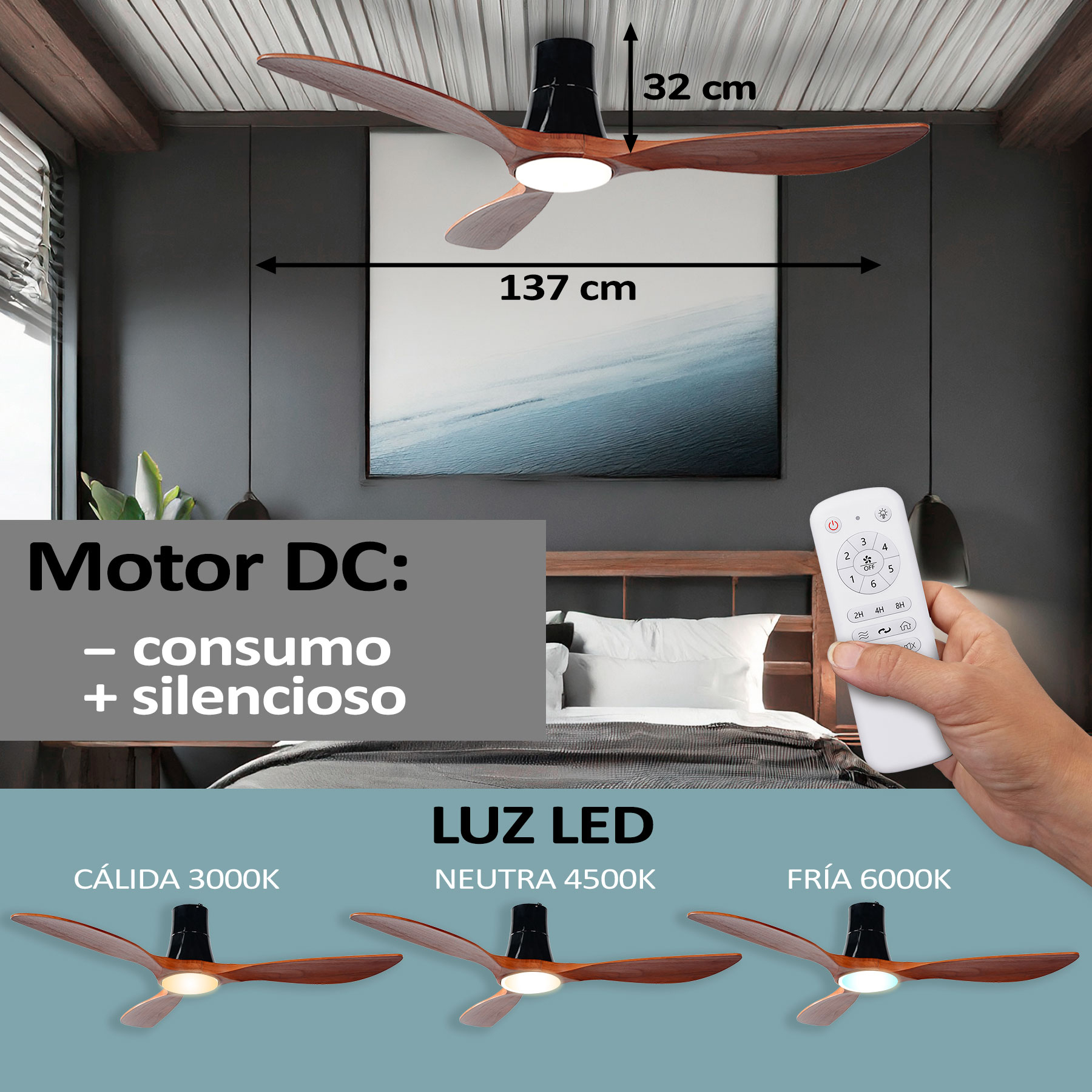 Wentylator sufitowy z drewnianymi łopatkami, pilot, opcje LED.