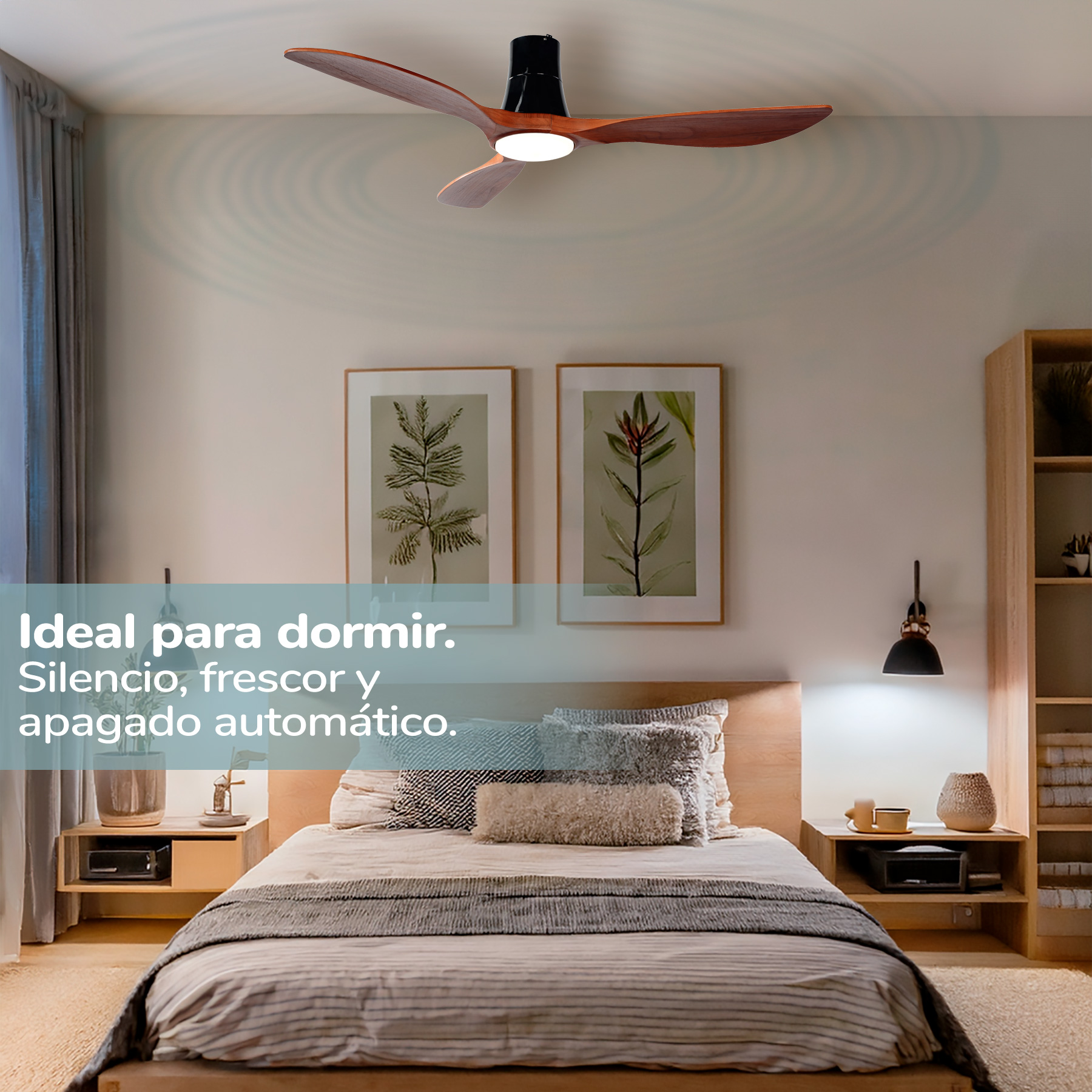 Sypialnia z wentylatorem sufitowym. Pokój ma łóżko i stoliki nocne.