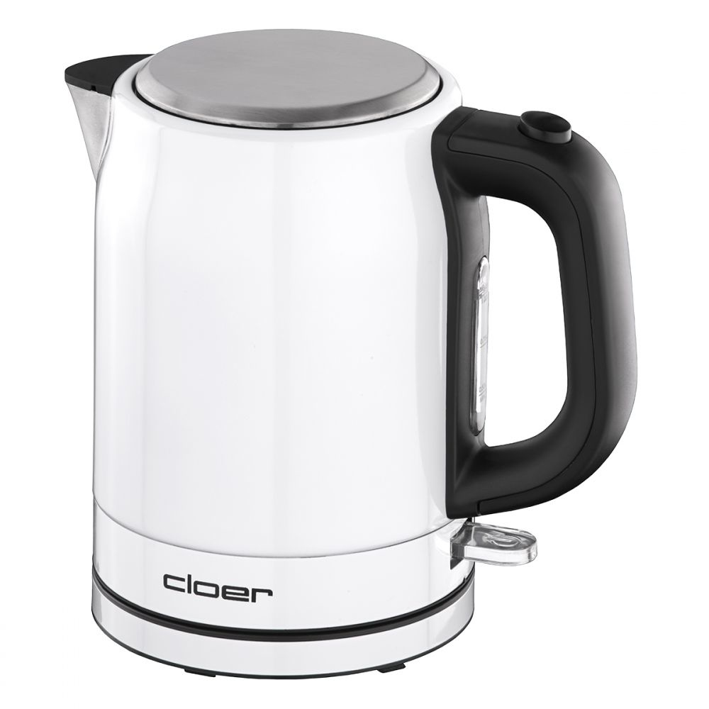 Biały czajnik elektryczny z czarnym uchwytem i pokrywą. Logo Cloer na dole.