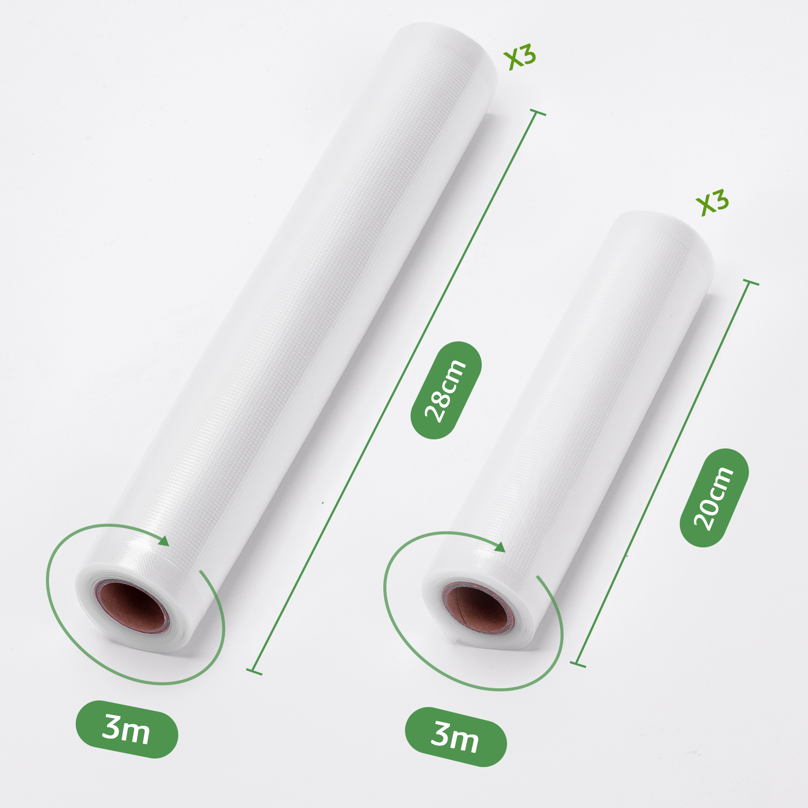 Dos rollos de bolsas de sellado al vacío, etiquetados con dimensiones. Uno grande, uno más pequeño. Fondo blanco.