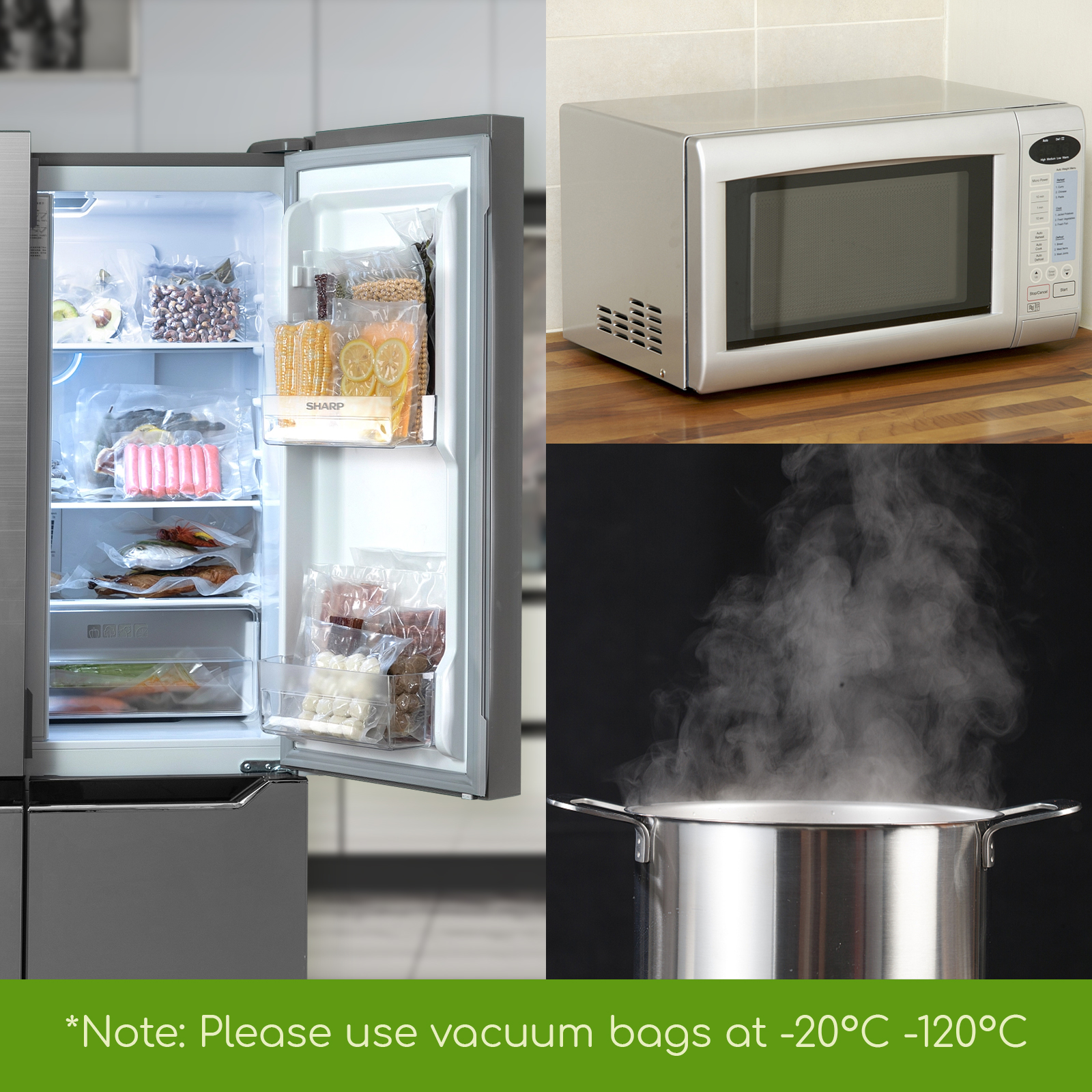Un refrigerador, un microondas y una olla con vapor. El refrigerador está abierto.