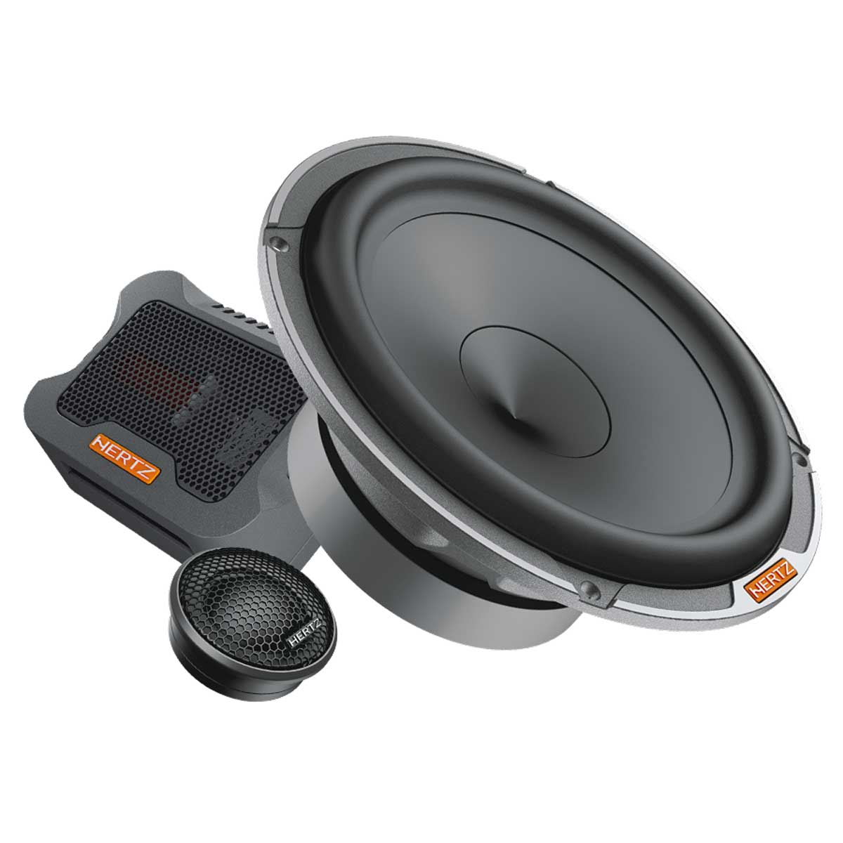 Audio-Lautsprecher-Set auf weißem Hintergrund.