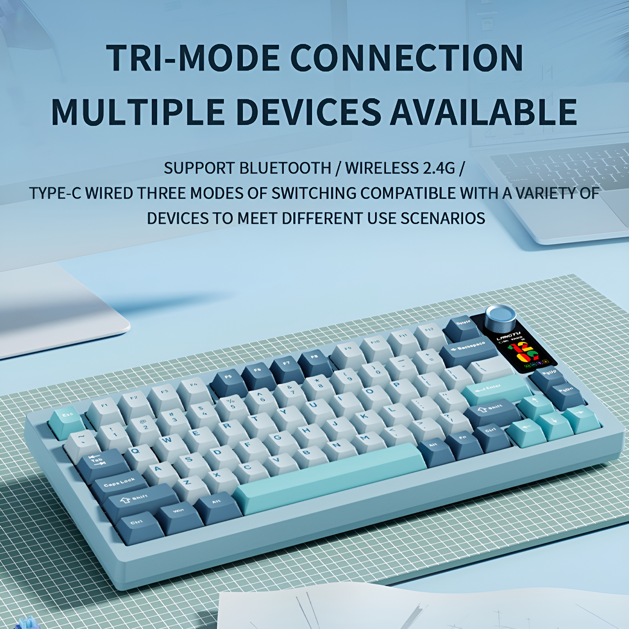 Tastatur mit hellblauen und grauen Tasten mit kleinem Bildschirm. Text: Tri-Mode-Verbindung.