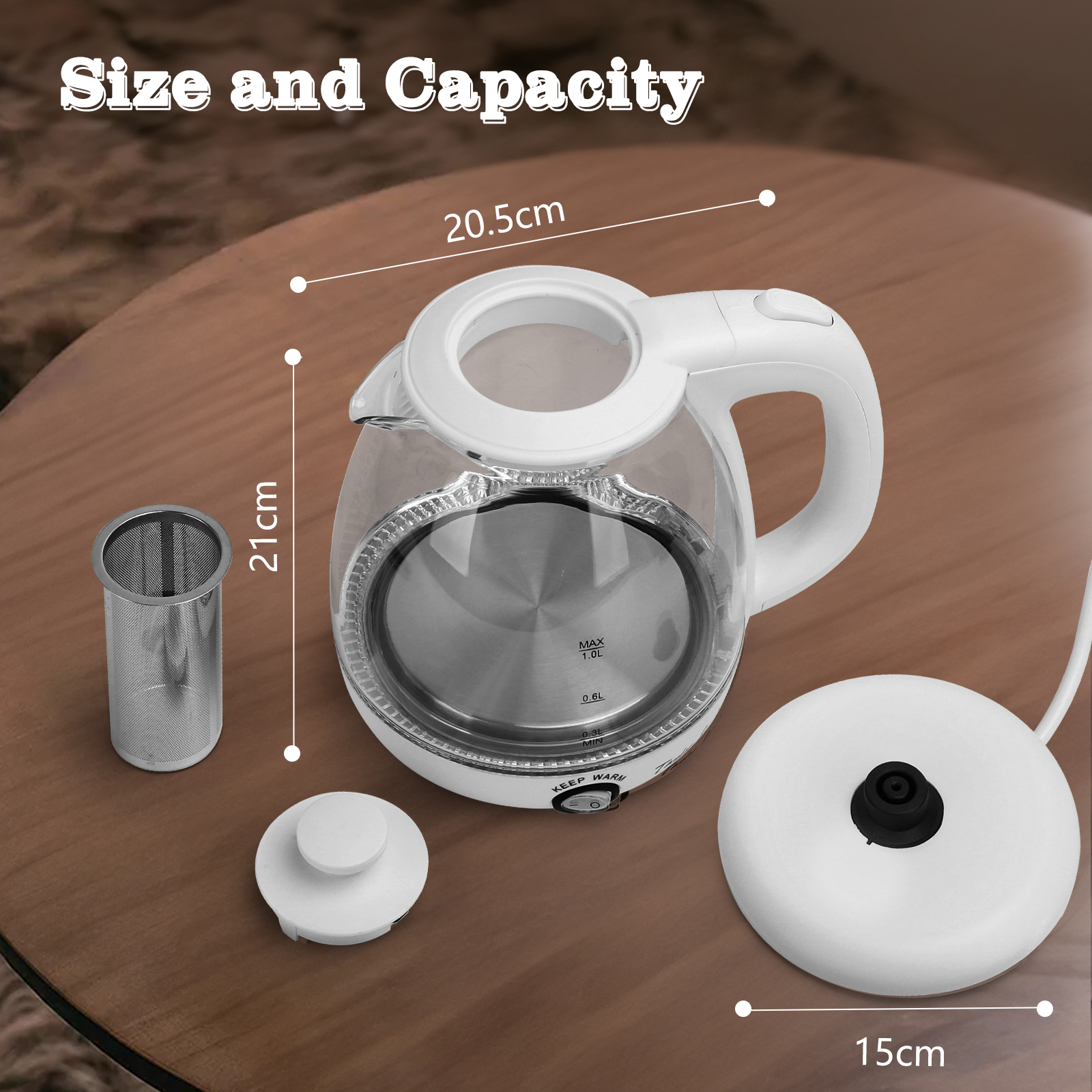 Hervidor eléctrico blanco con cuerpo de vidrio, dimensiones etiquetadas.