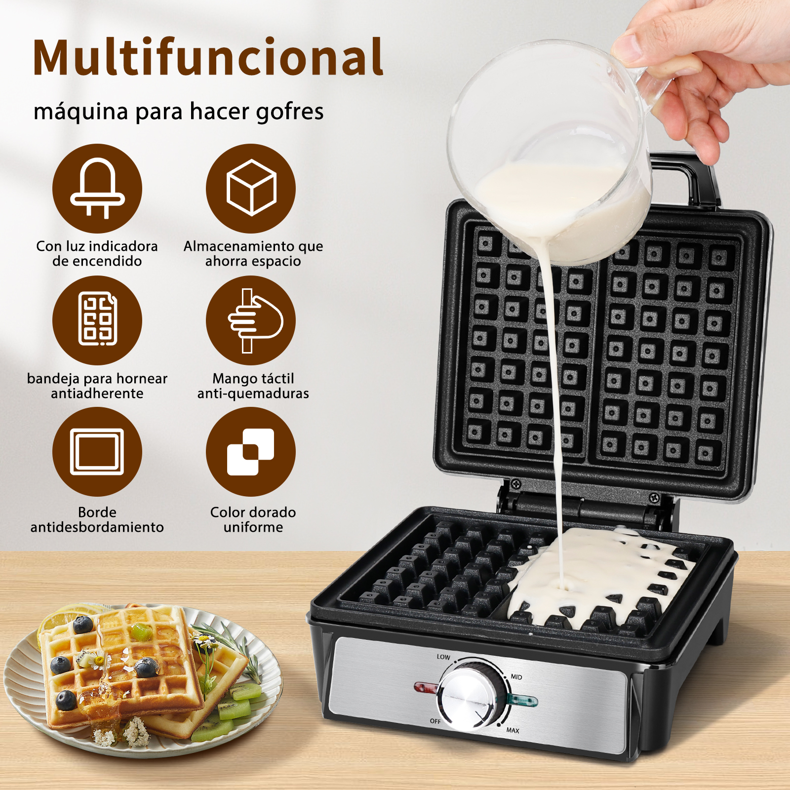 Máquina para hacer gofres con masa vertiéndose. Incluye iconos de gofres y texto sobre funciones.