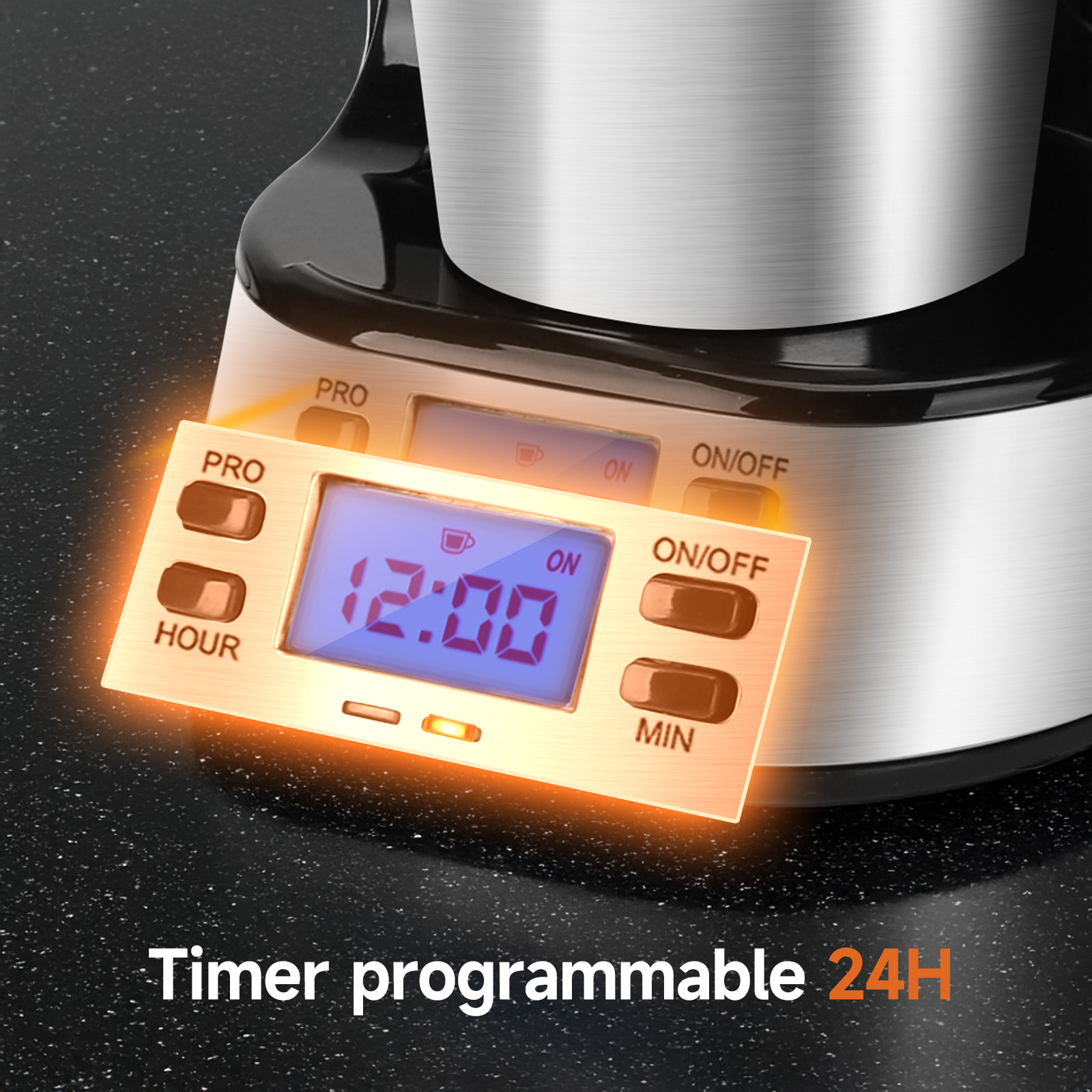 Temporizador digital con pantalla de tiempo y botones, con fondo de superficie negra.