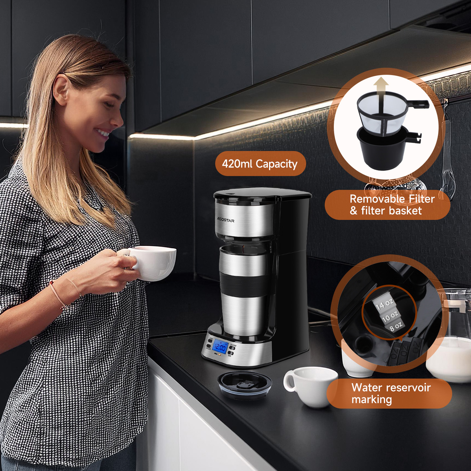 Mujer sosteniendo una taza cerca de una cafetera. Tiene un filtro extraíble y una marca de depósito de agua.