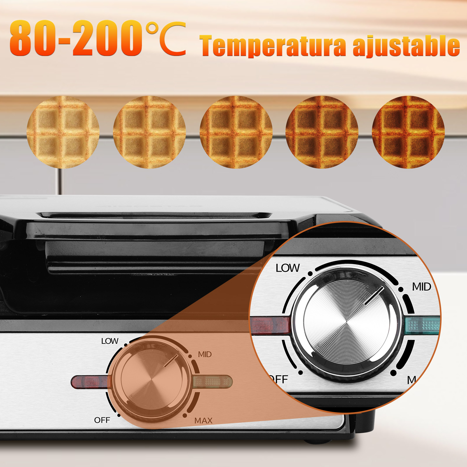 Máquina para hacer gofres con ajustes de temperatura ajustables. El rango de temperatura es 80-200 grados Celsius. El fondo está borroso.