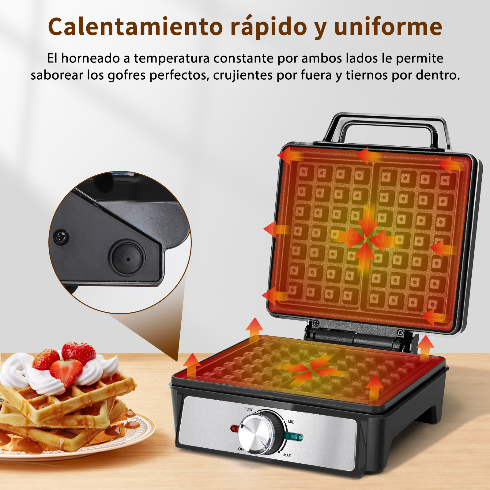Máquina de hacer gofres con gofres en un plato. Flechas muestran la distribución del calor.
