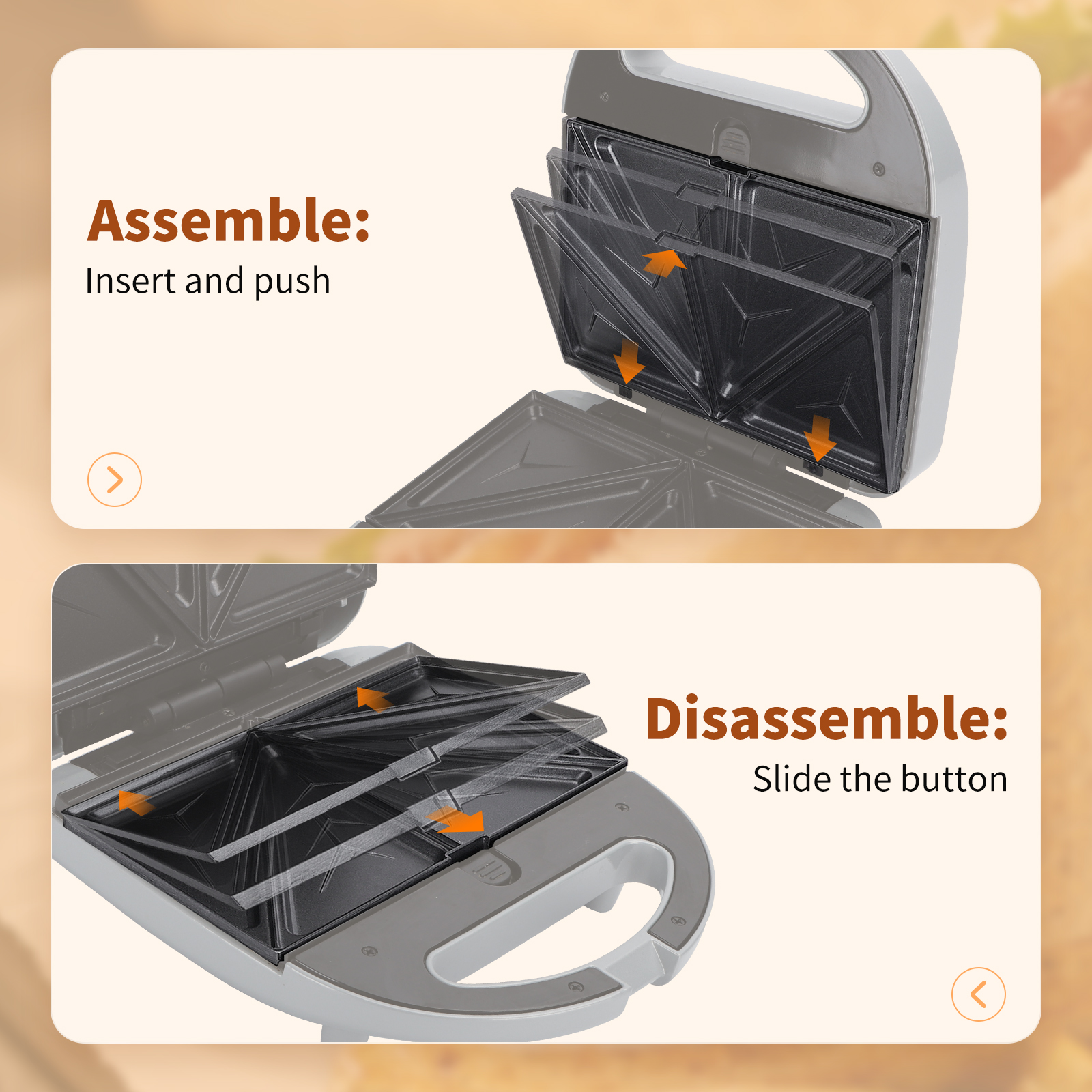 Anweisungen zum Zusammenbauen und Zerlegen eines Sandwichmakers. Pfeile zeigen Schritte. Weißer Hintergrund.