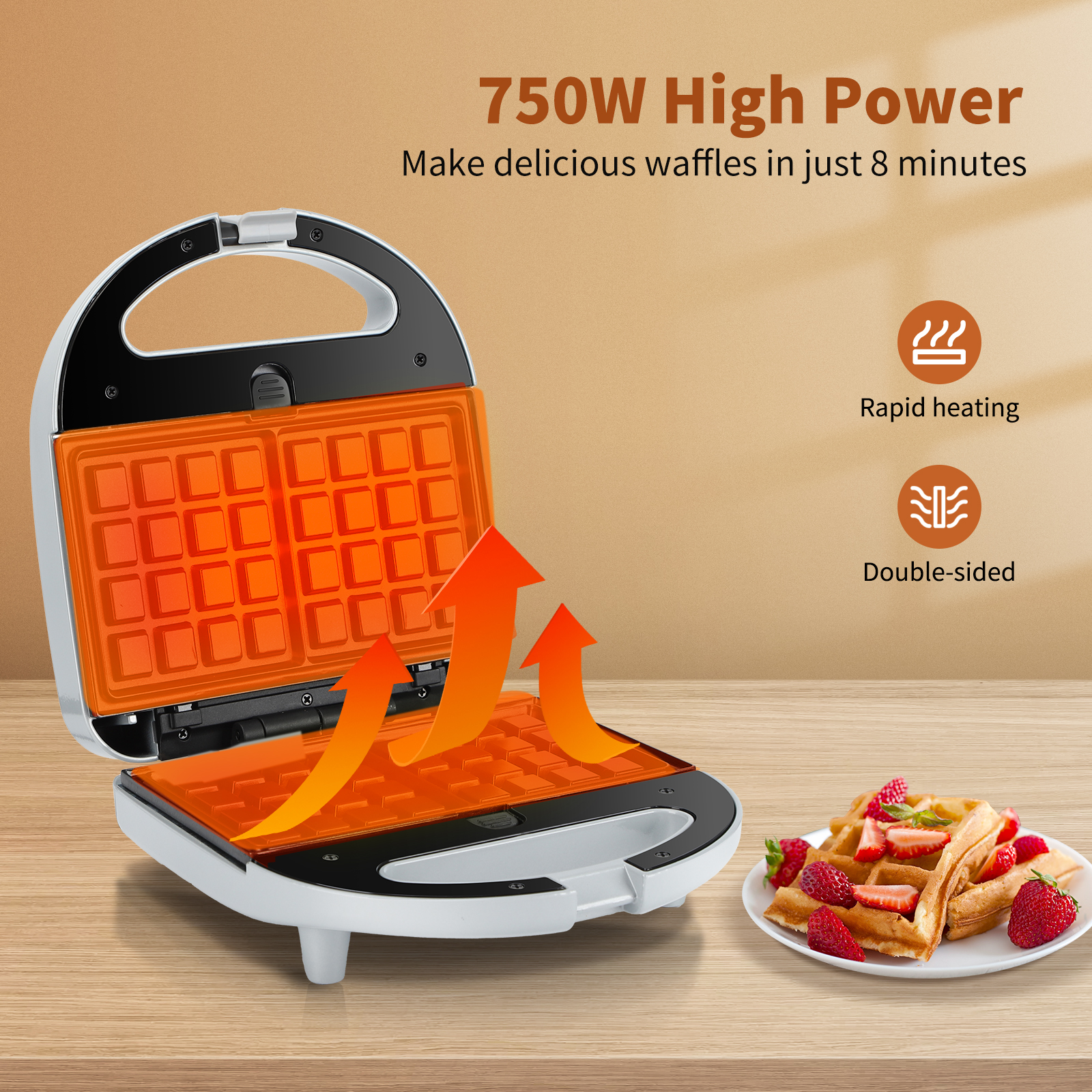 Waffeleisen offen mit Waffeln darin. Text: 750W High Power. Waffeln und Erdbeeren an der Seite.