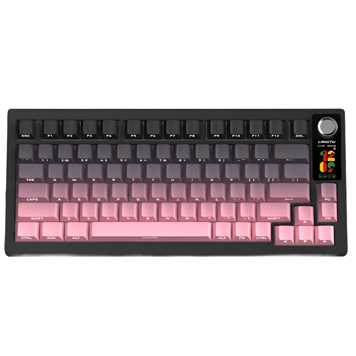 Rosa-schwarze Tastatur mit Bildschirm und Drehknopf oben rechts.