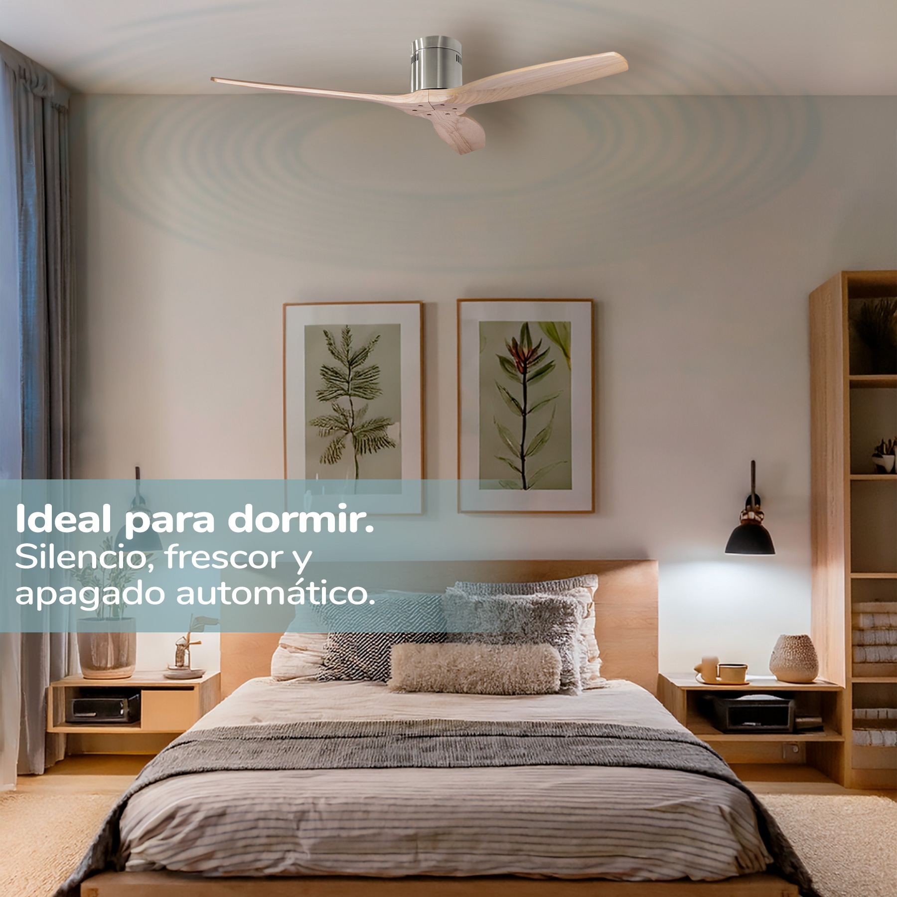 Escena de dormitorio con cama, mesitas de noche, ventilador de techo y obras de arte.