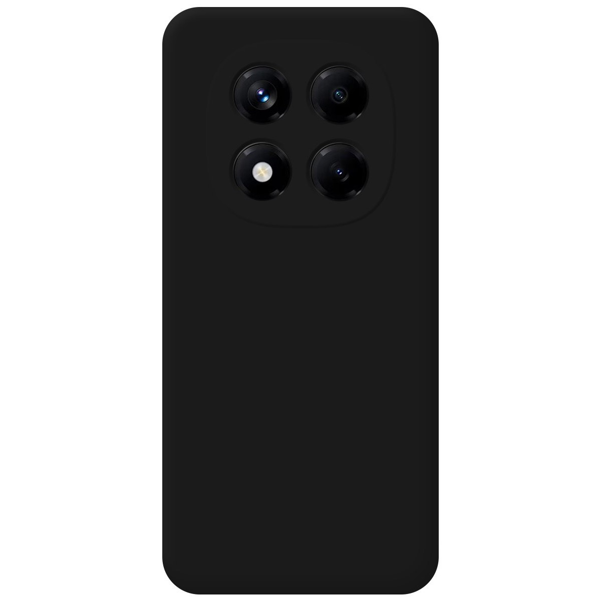 Telefono nero con quattro lenti della fotocamera su sfondo bianco.