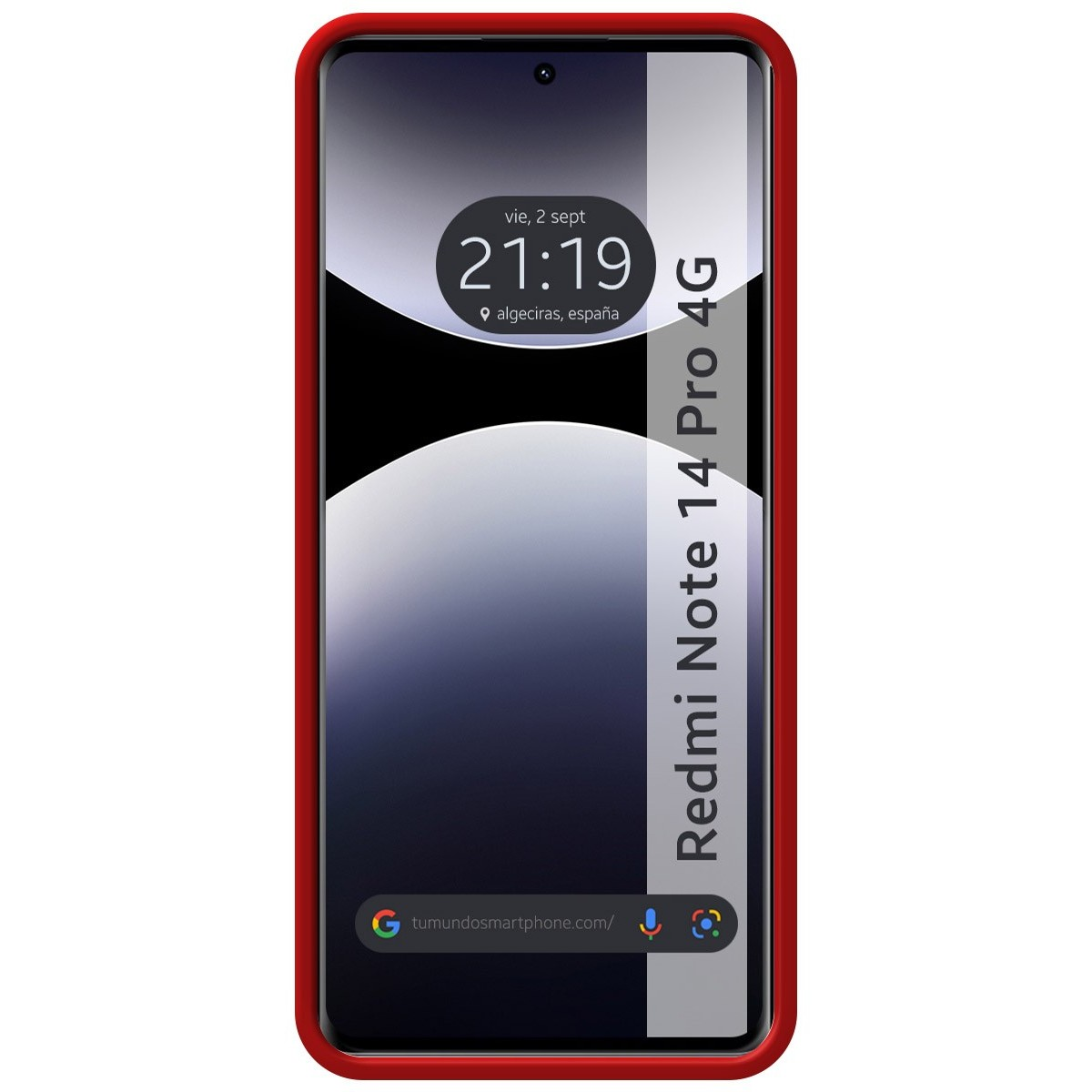 Telefono Redmi Note 14 Pro 4G in custodia rossa. Lo schermo mostra data e ora.