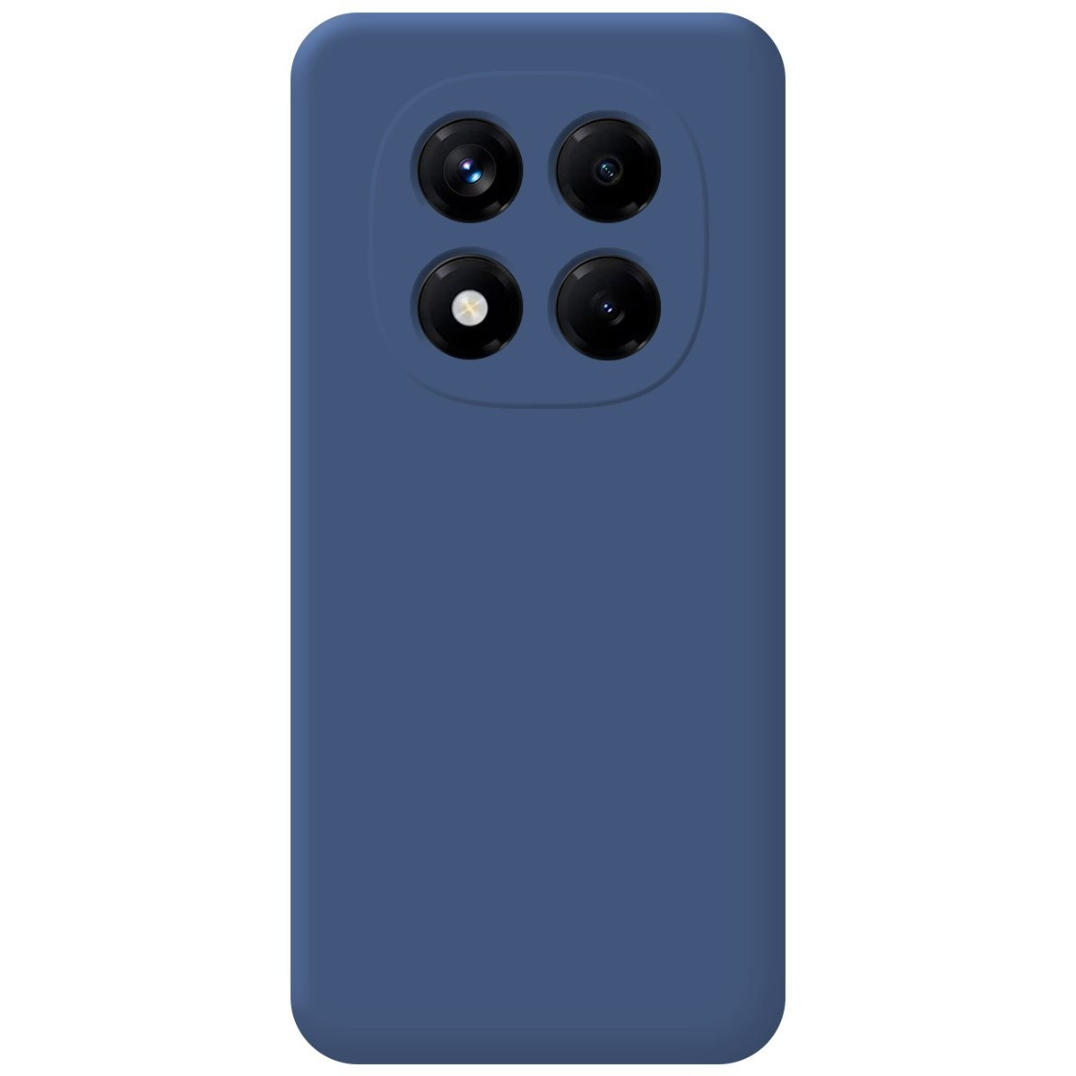 Una custodia per telefono con un retro blu e quattro obiettivi della fotocamera. Il retro è blu liscio.