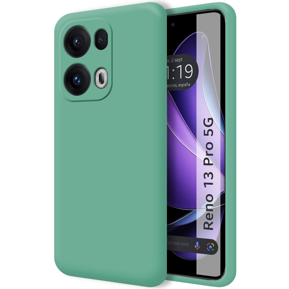 Smartphone con custodia verde menta e schermo che mostra l'ora, sfondo bianco.