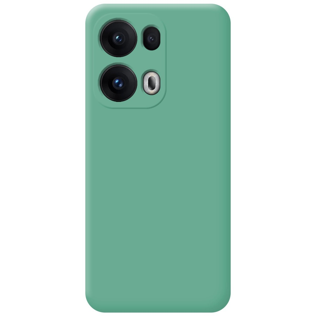 Una custodia per smartphone verde con obiettivi della fotocamera nell'angolo in alto a sinistra.