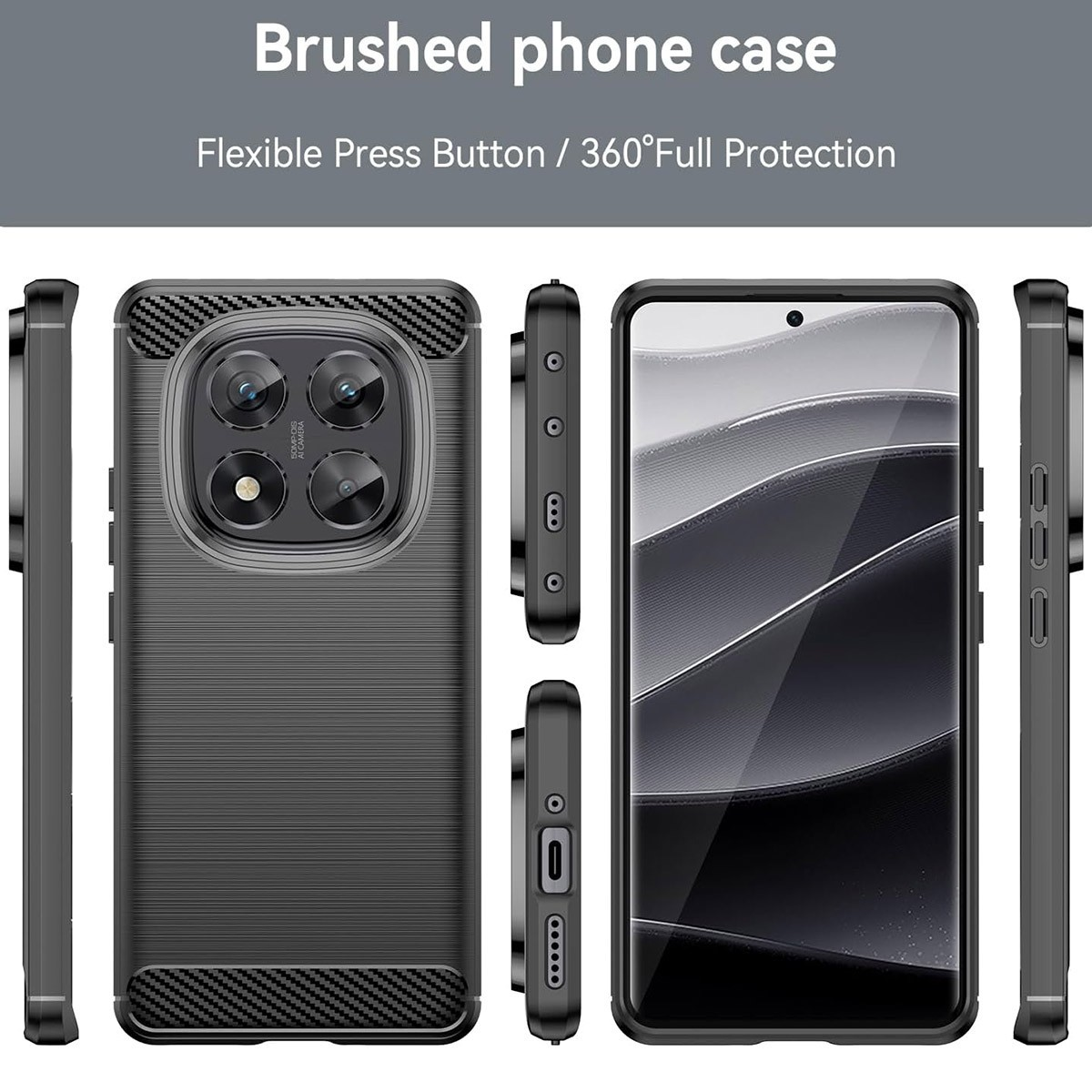 Custodia per telefono con superficie nera strutturata. Diverse viste della custodia, che mostrano fotocamera e pulsanti.