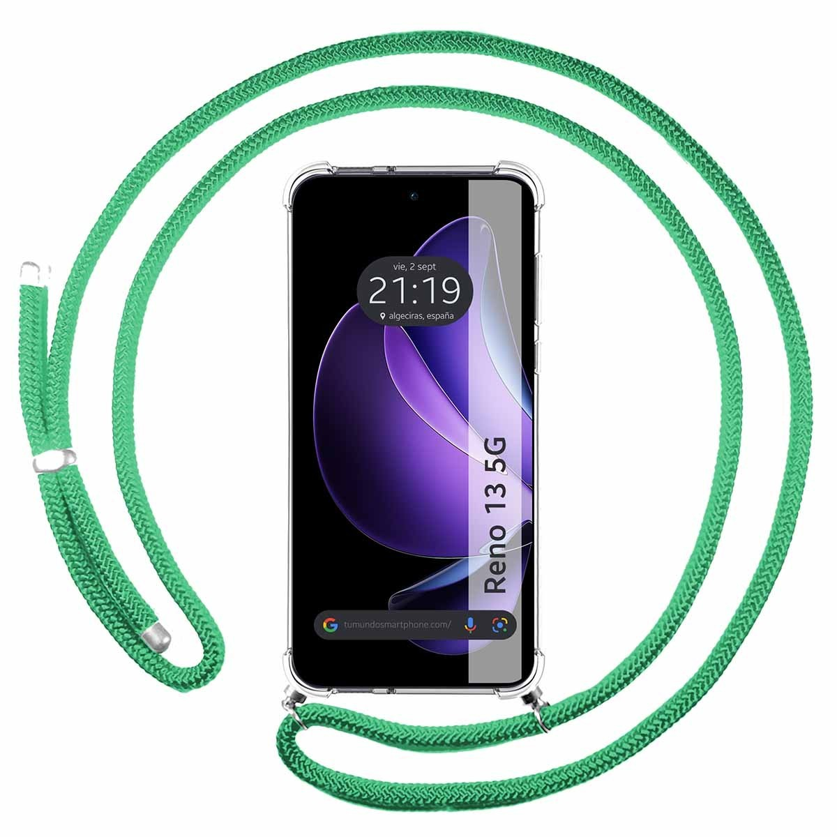Una custodia trasparente con un cordino verde. Il telefono mostra l'ora e Reno 13 5G.