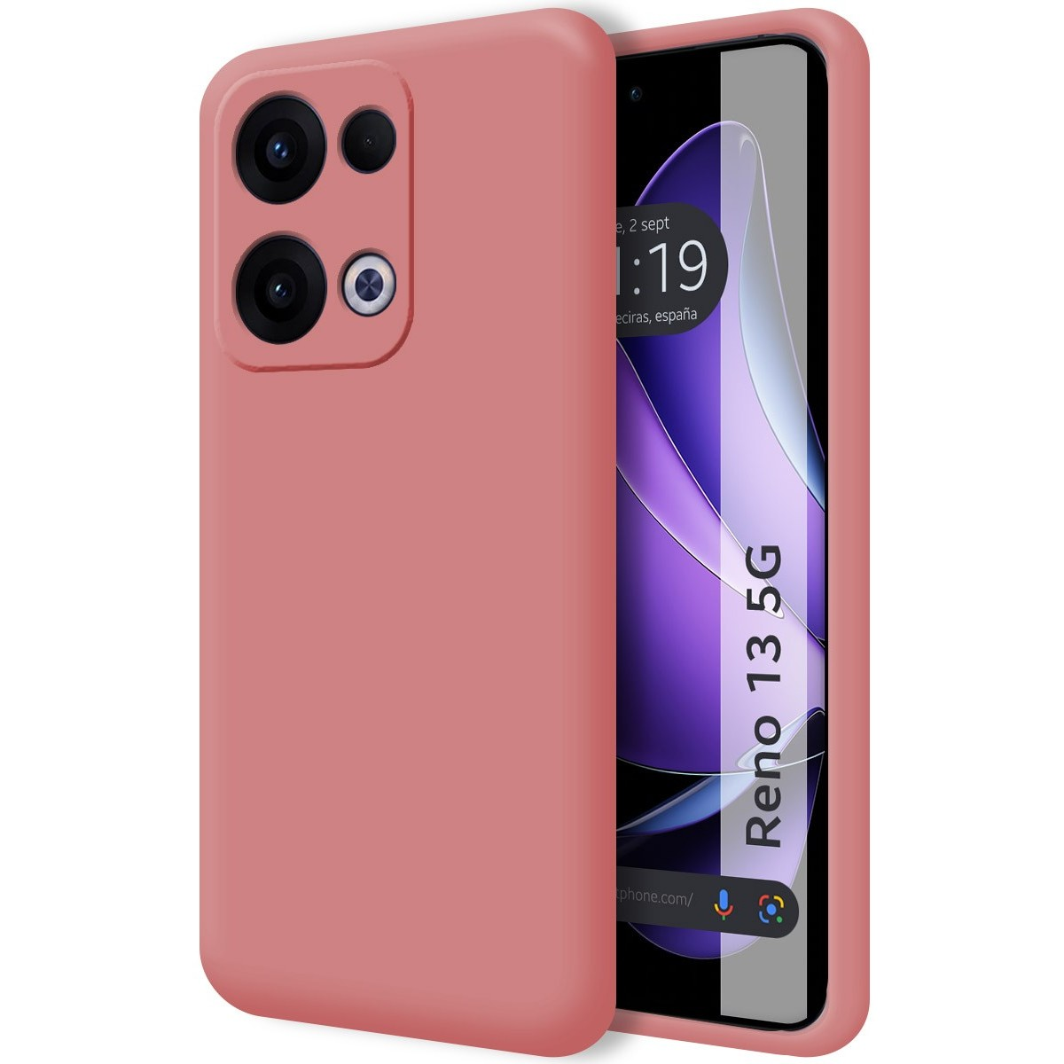 Custodia per telefono rosa con schermo del telefono visibile. Sfondo bianco.