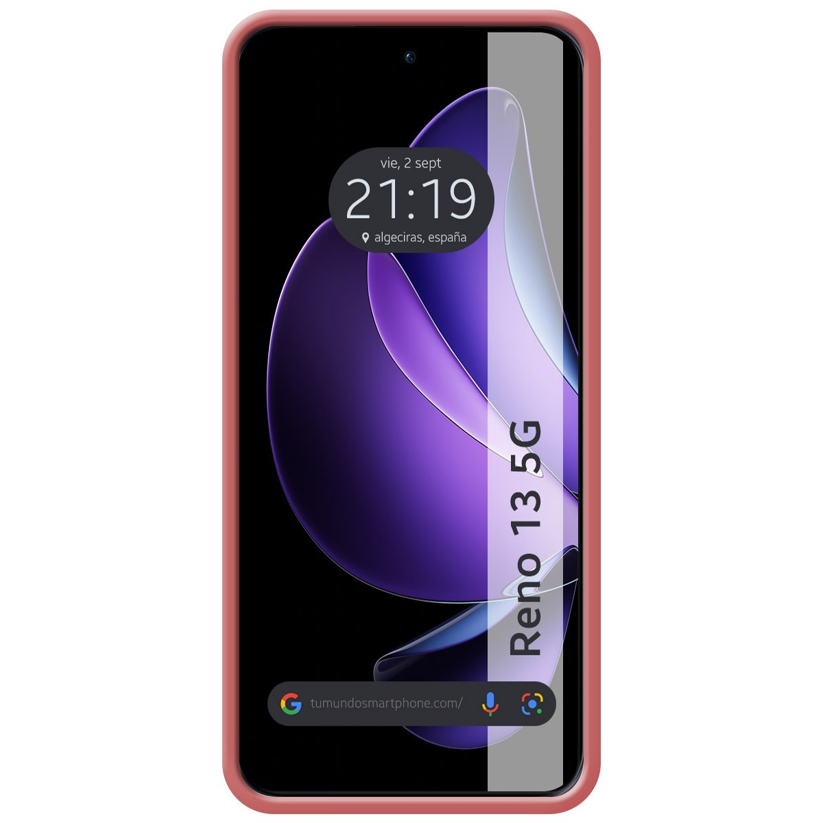 Schermo del telefono con visualizzazione dell'ora e testo 'Reno 13 5G'.