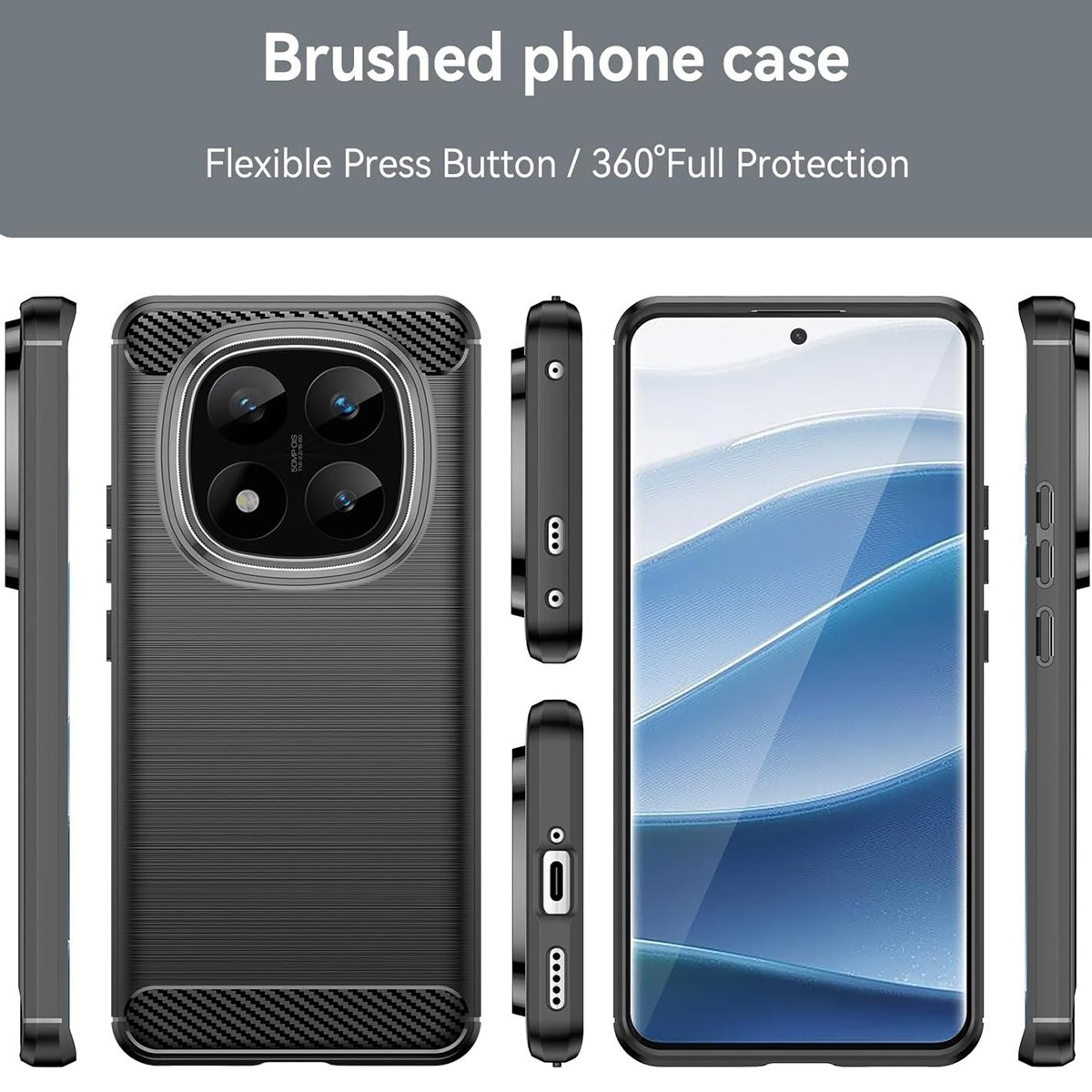 Custodia nera con motivo strutturato e configurazione a tripla fotocamera. Vengono mostrate più viste.