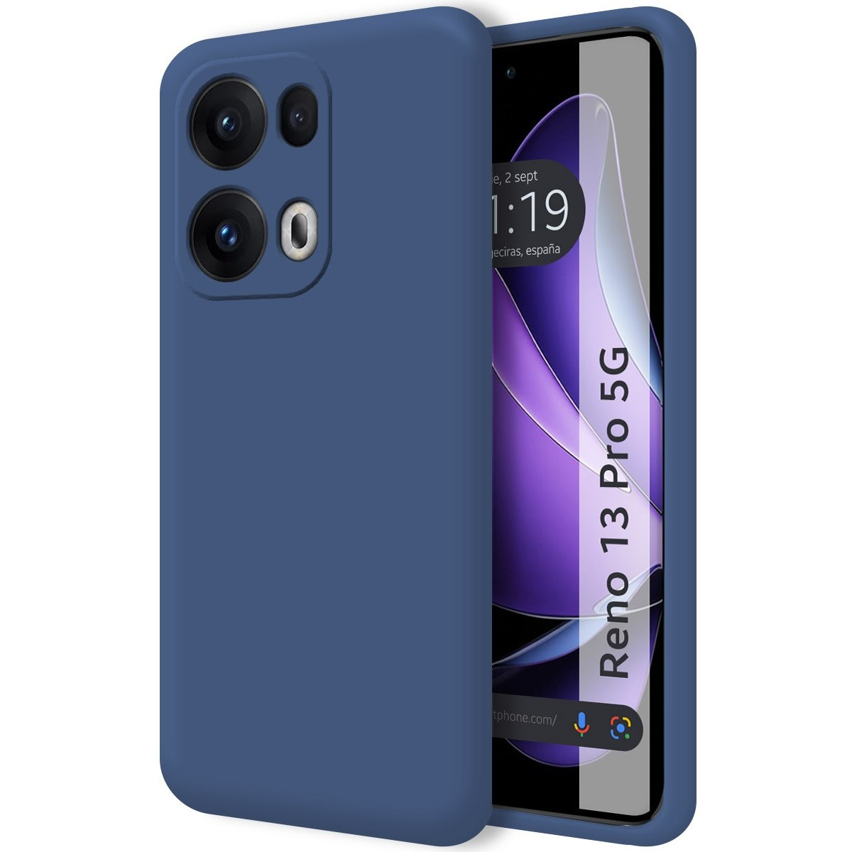 Custodia blu su un telefono con lenti della fotocamera. Il telefono mostra l'ora.