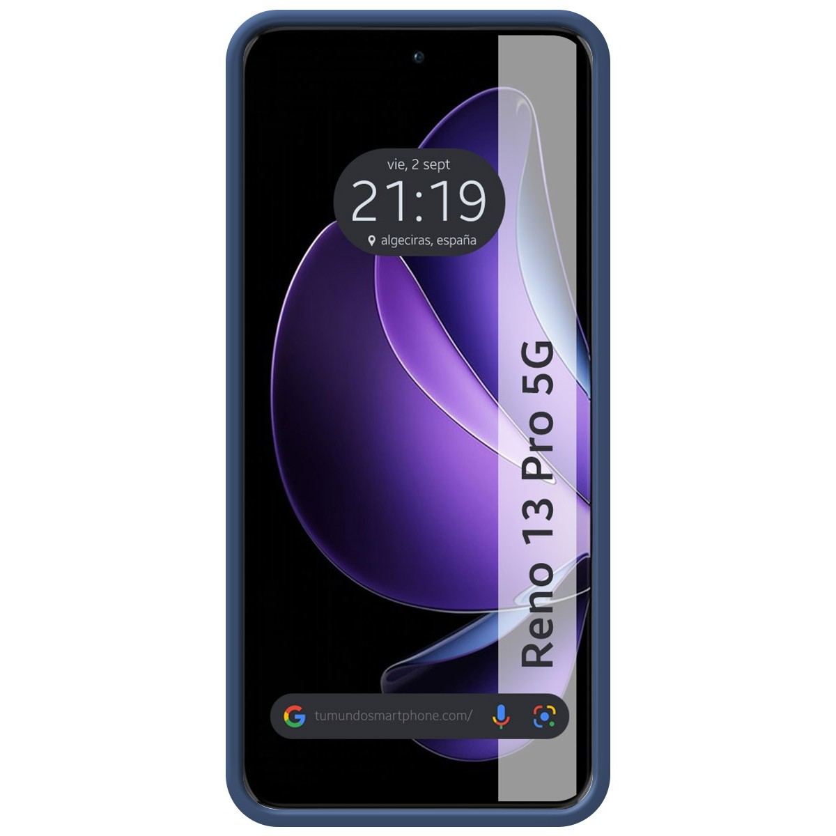 Una custodia blu per telefono con un telefono. Lo schermo mostra l'ora e uno sfondo viola.