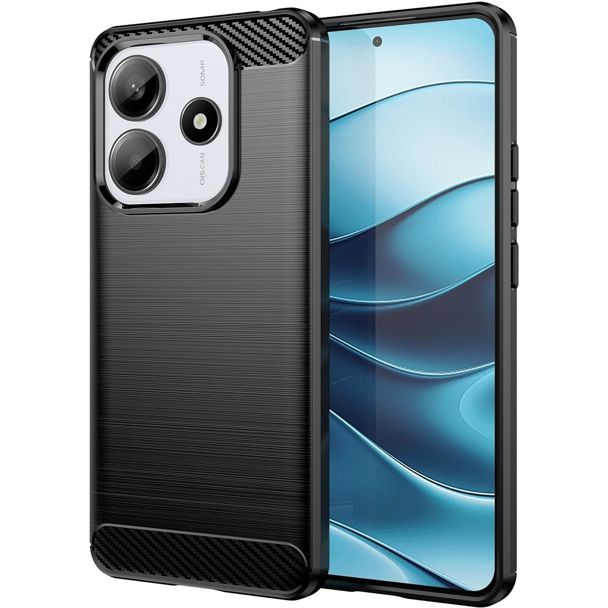 Custodia nera per telefono con motivo strutturato e doppia fotocamera. Lo schermo è visibile.