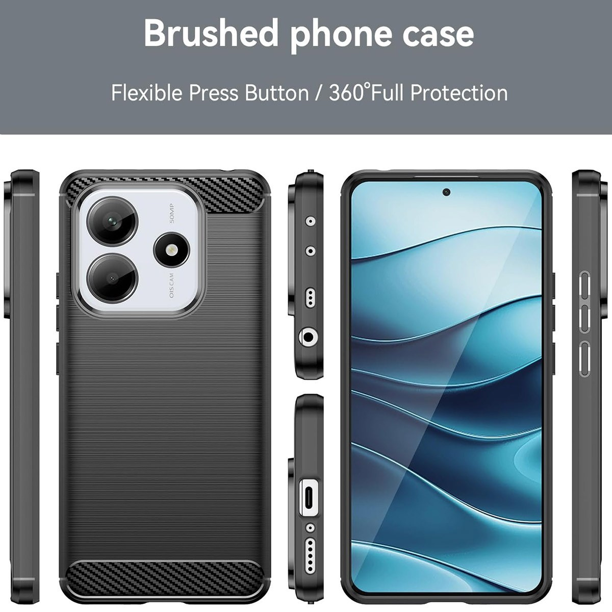 Custodia per telefono nera con un design strutturato. Sfondo bianco.