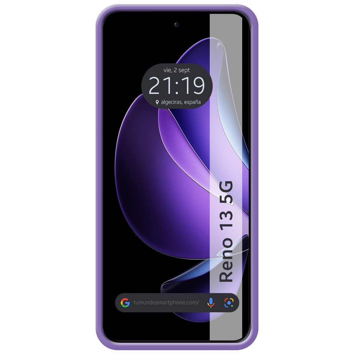 Telefono viola con protezione schermo che mostra ora e icone app.