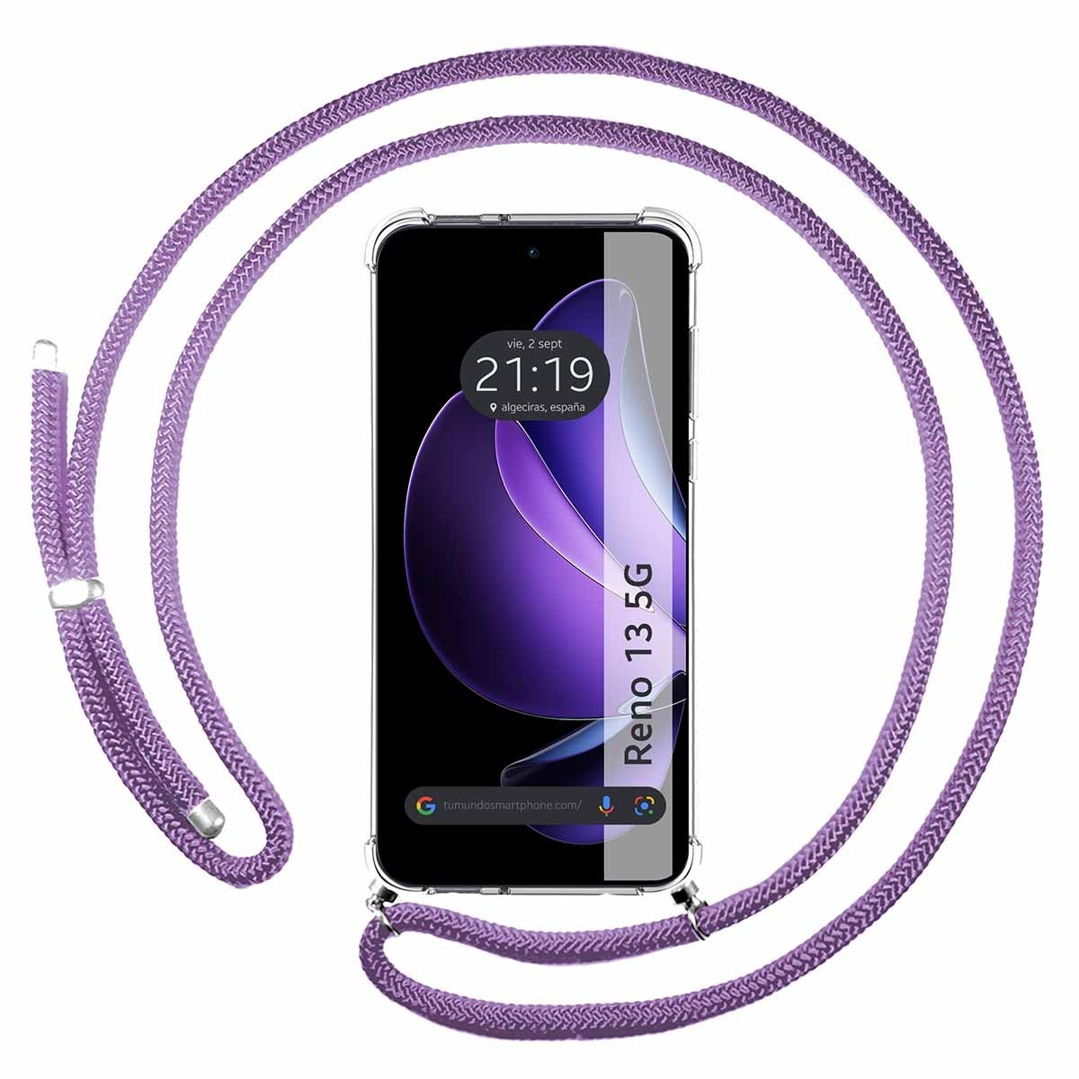 Telefono con cordino viola. Il telefono mostra l'ora e la data. Telefono all'interno di una custodia trasparente.