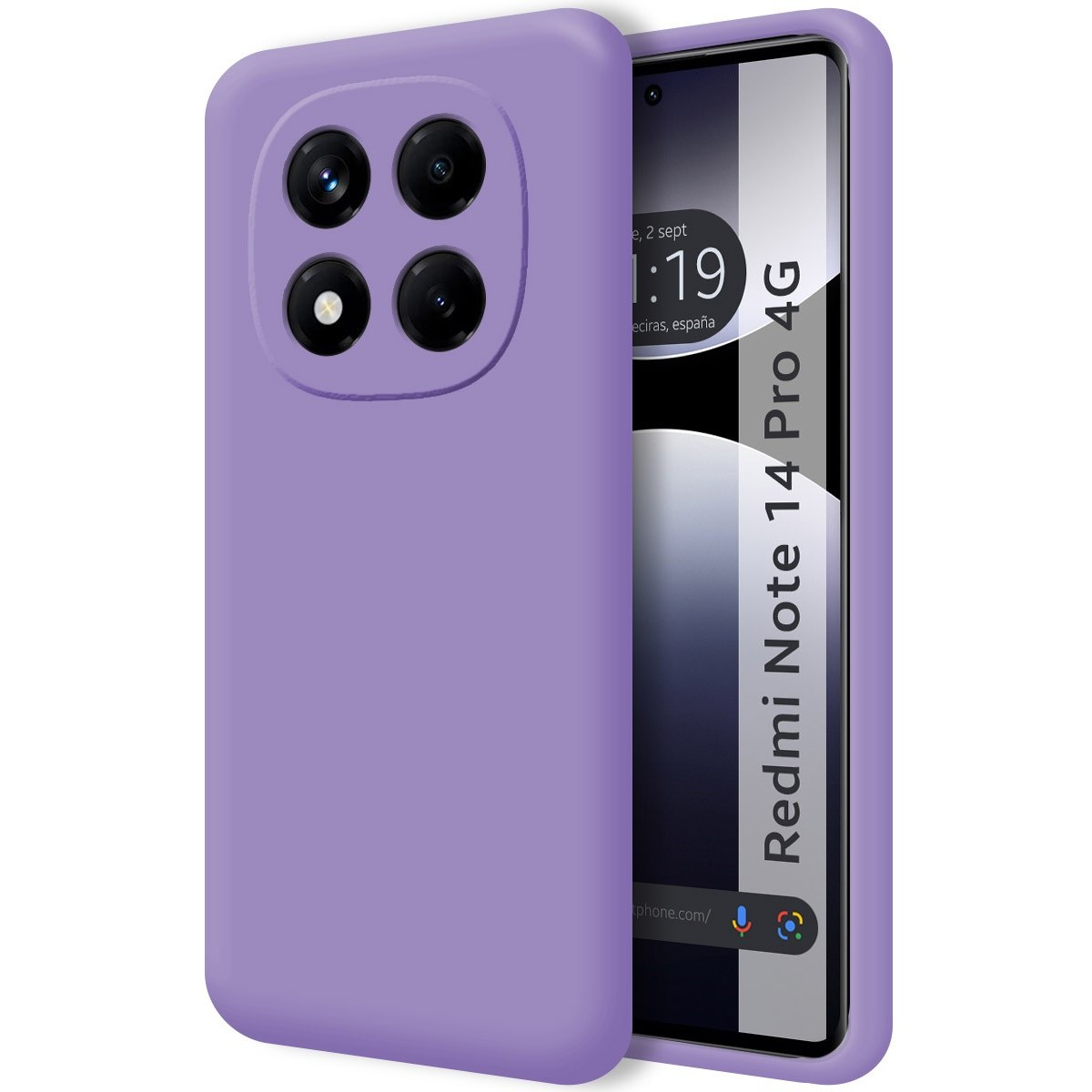 Custodia per telefono viola con un telefono all'interno. Lo schermo del telefono mostra data e ora, 1:19.
