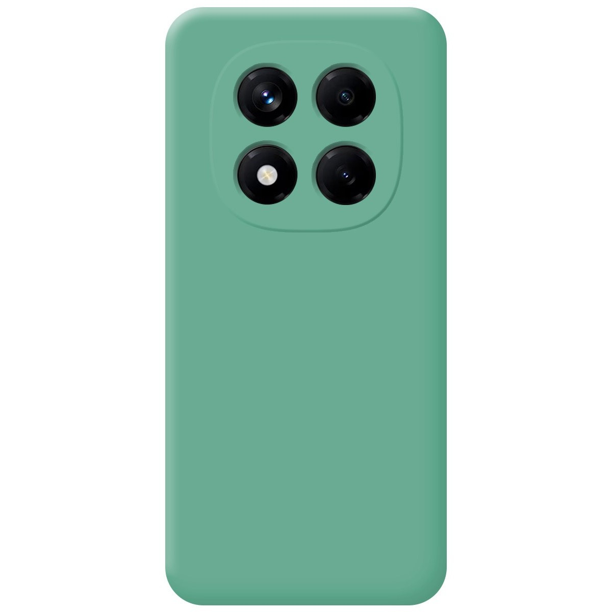 Una custodia per telefono verde con quattro obiettivi della fotocamera.