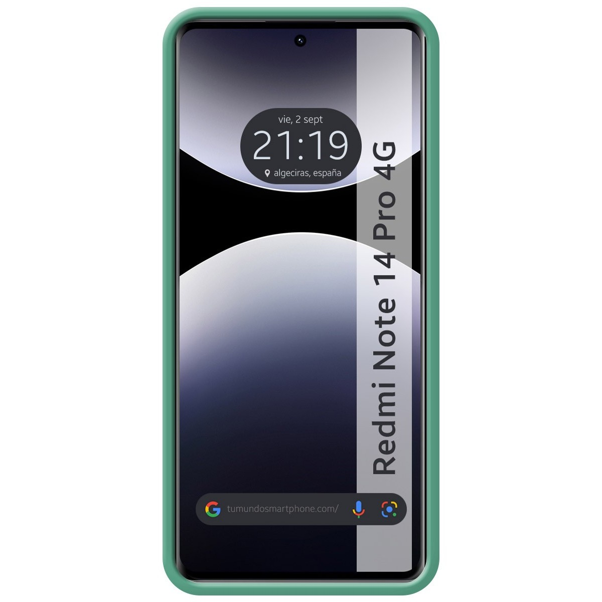 Una custodia verde per telefono con un telefono. Lo schermo mostra l'ora e uno sfondo grigio.